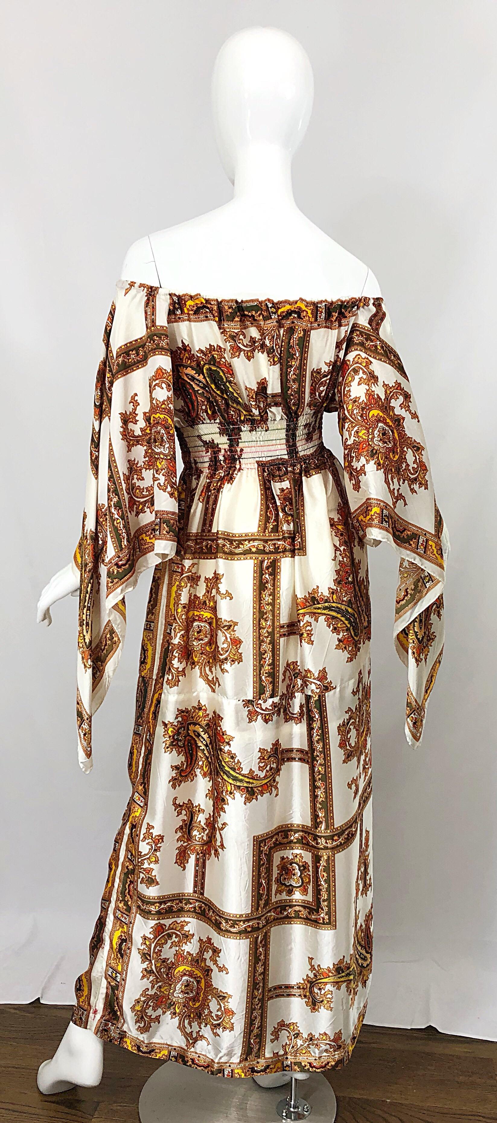 Brown 1970s David Edden Off Shoulder Boho Paisley Print Handkerchief Sleeve Maxi Dress