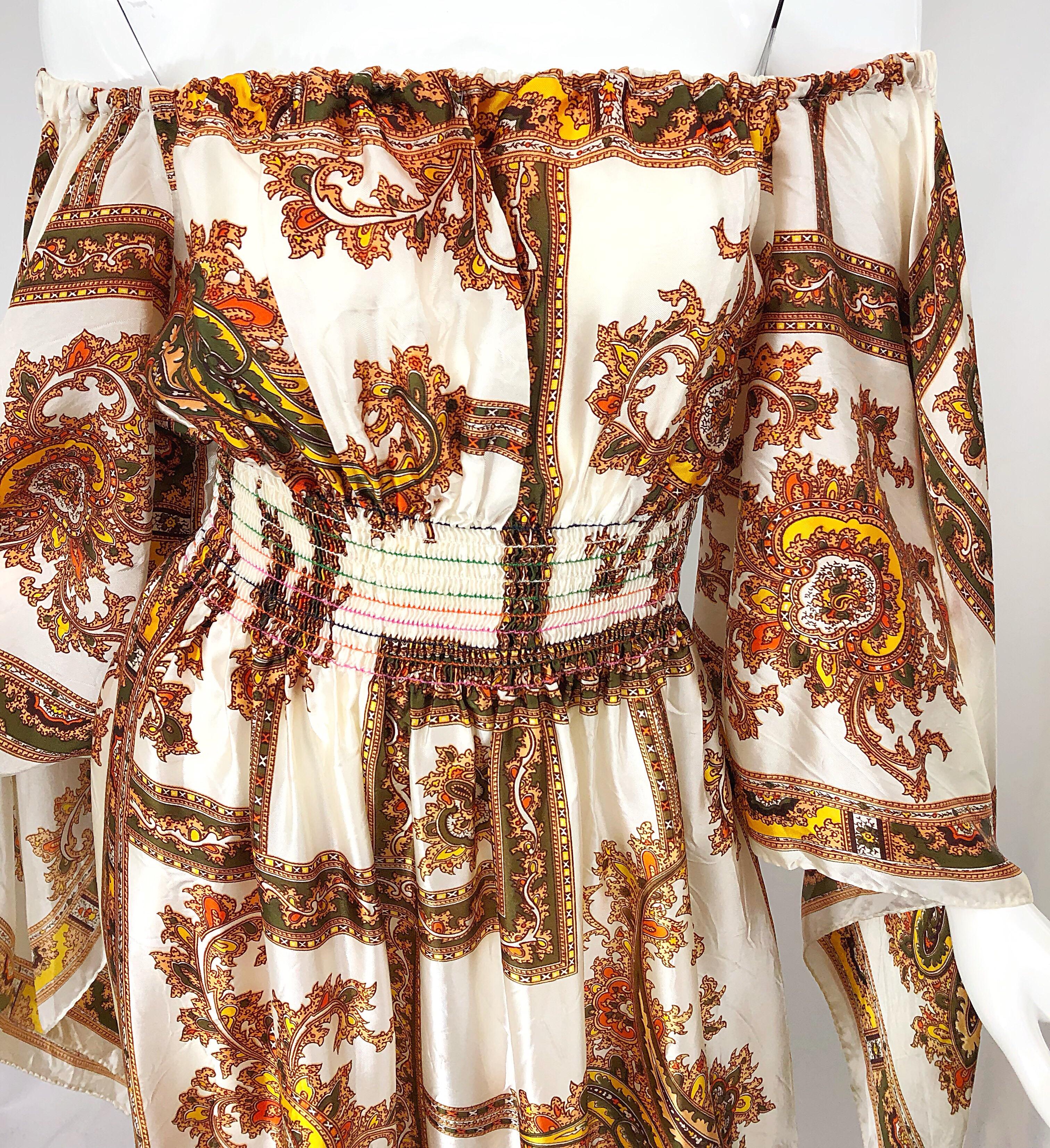 1970s David Edden Off Shoulder Boho Paisley Print Handkerchief Sleeve Maxi Dress In Excellent Condition In San Diego, CA