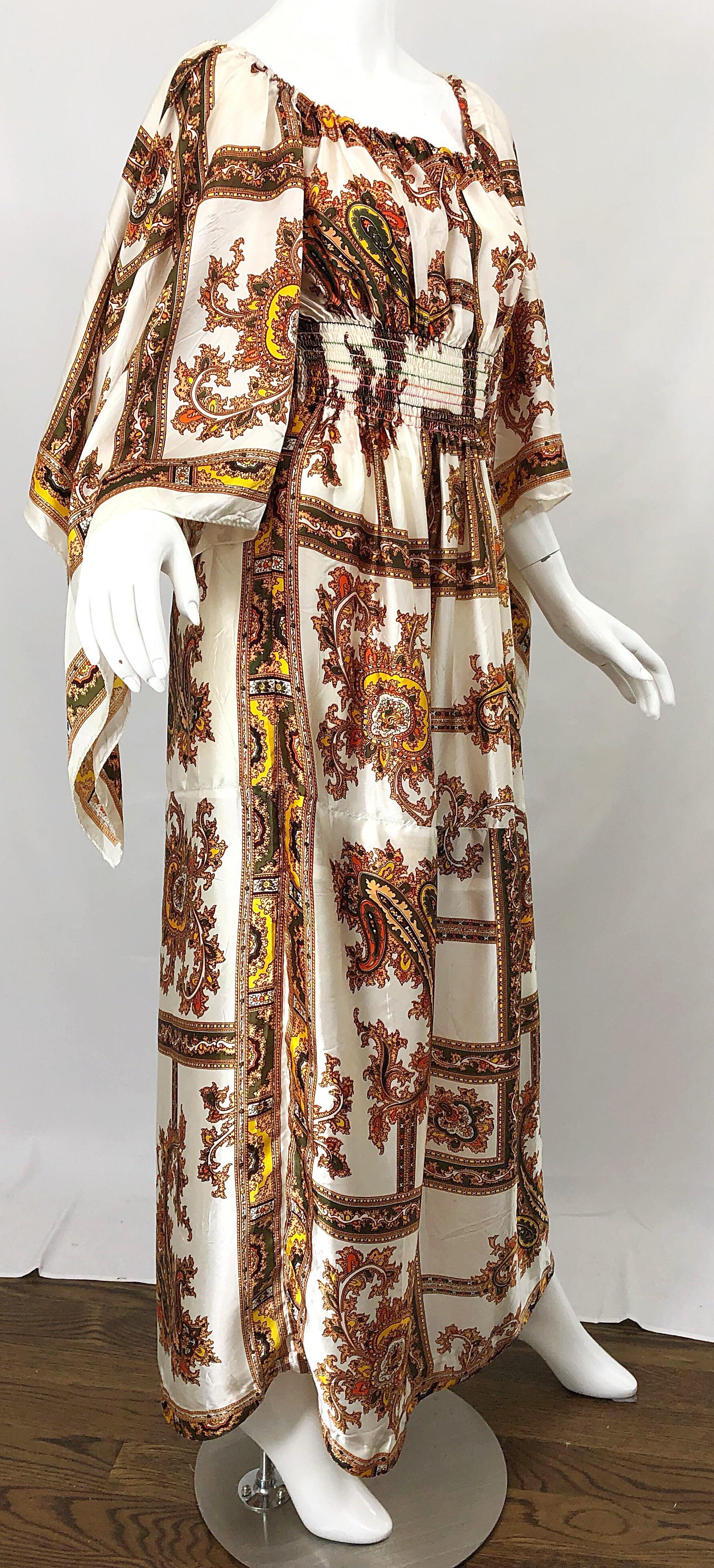1970s David Edden Off Shoulder Boho Paisley Print Handkerchief Sleeve Maxi Dress 2
