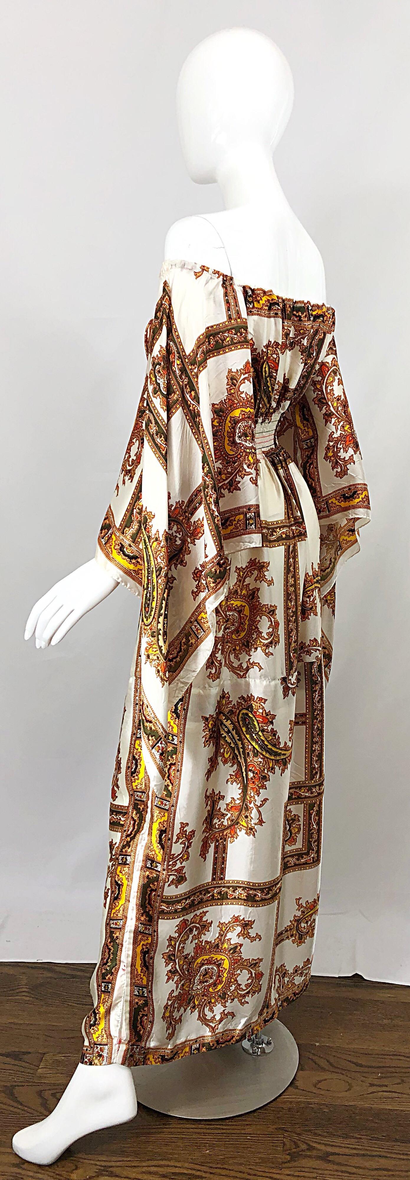 1970s David Edden Off Shoulder Boho Paisley Print Handkerchief Sleeve Maxi Dress 3