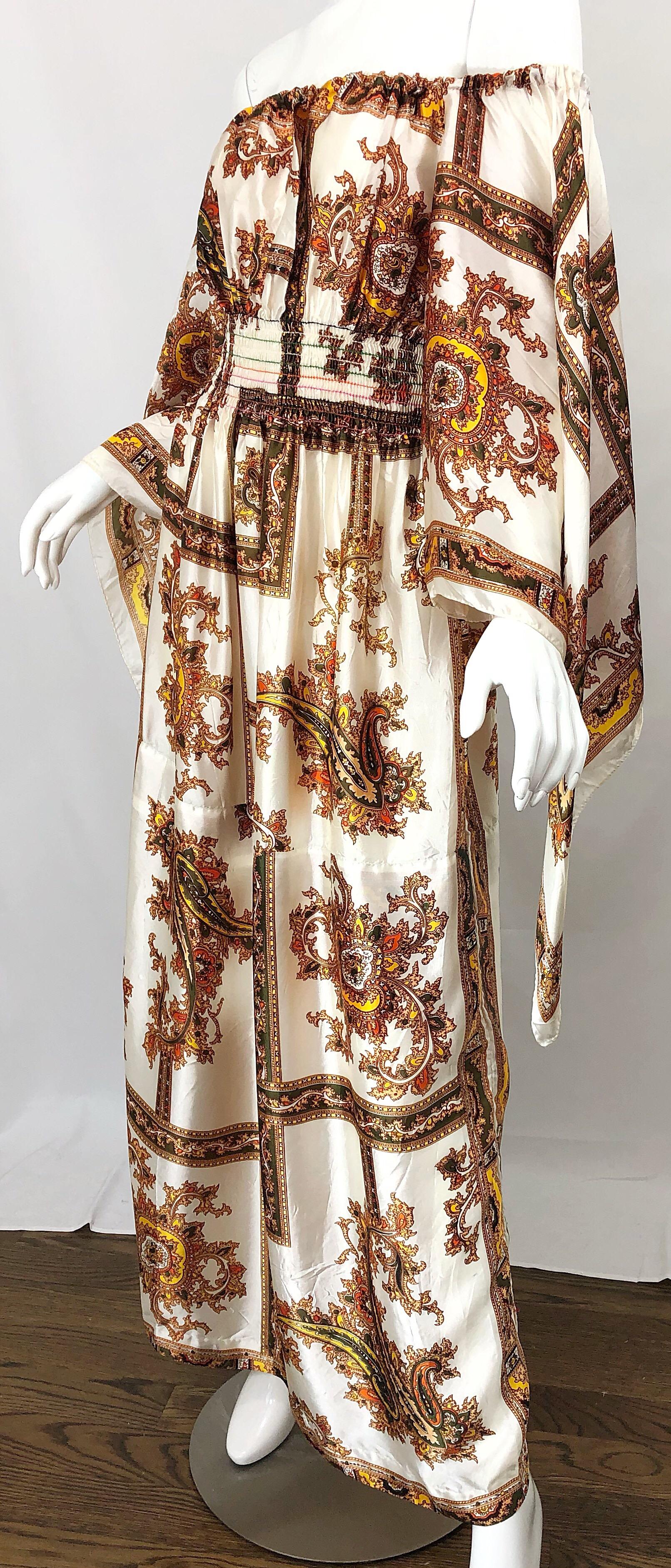 1970s David Edden Off Shoulder Boho Paisley Print Handkerchief Sleeve Maxi Dress 4