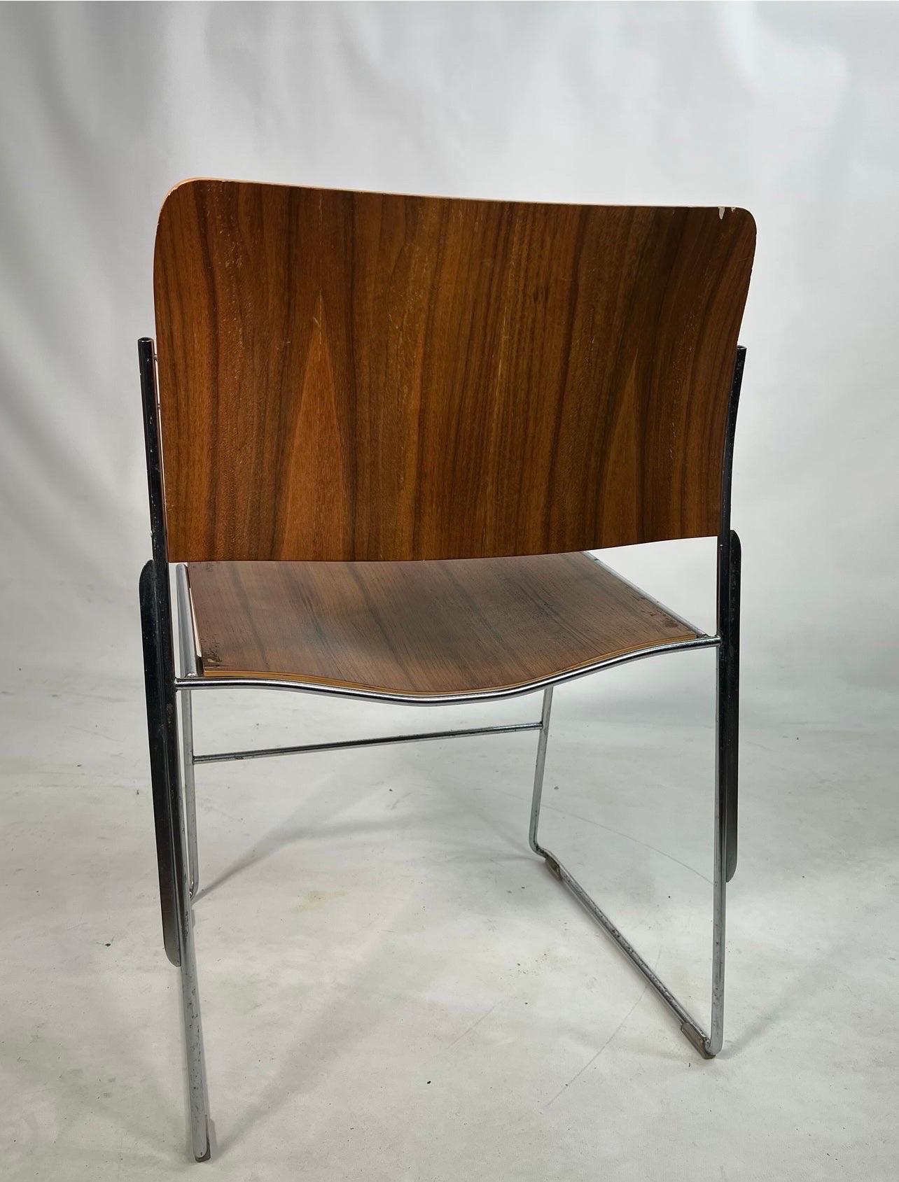 David Rowland Bentwood Stackable dining chair. The chair was made in 1973 with bent plywood and a steel frame. I currently have 7 chairs available.