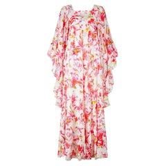 1970s David Silverman Cotton Peacock Print Angel Sleeve Dress