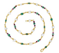 1970's David Webb Baroque Pearl Ruby Emerald 18 Karat Gold Gemstone Necklace