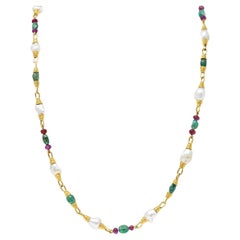 1970's David Webb Baroque Pearl Ruby Emerald 18 Karat Gold Gemstone Necklace