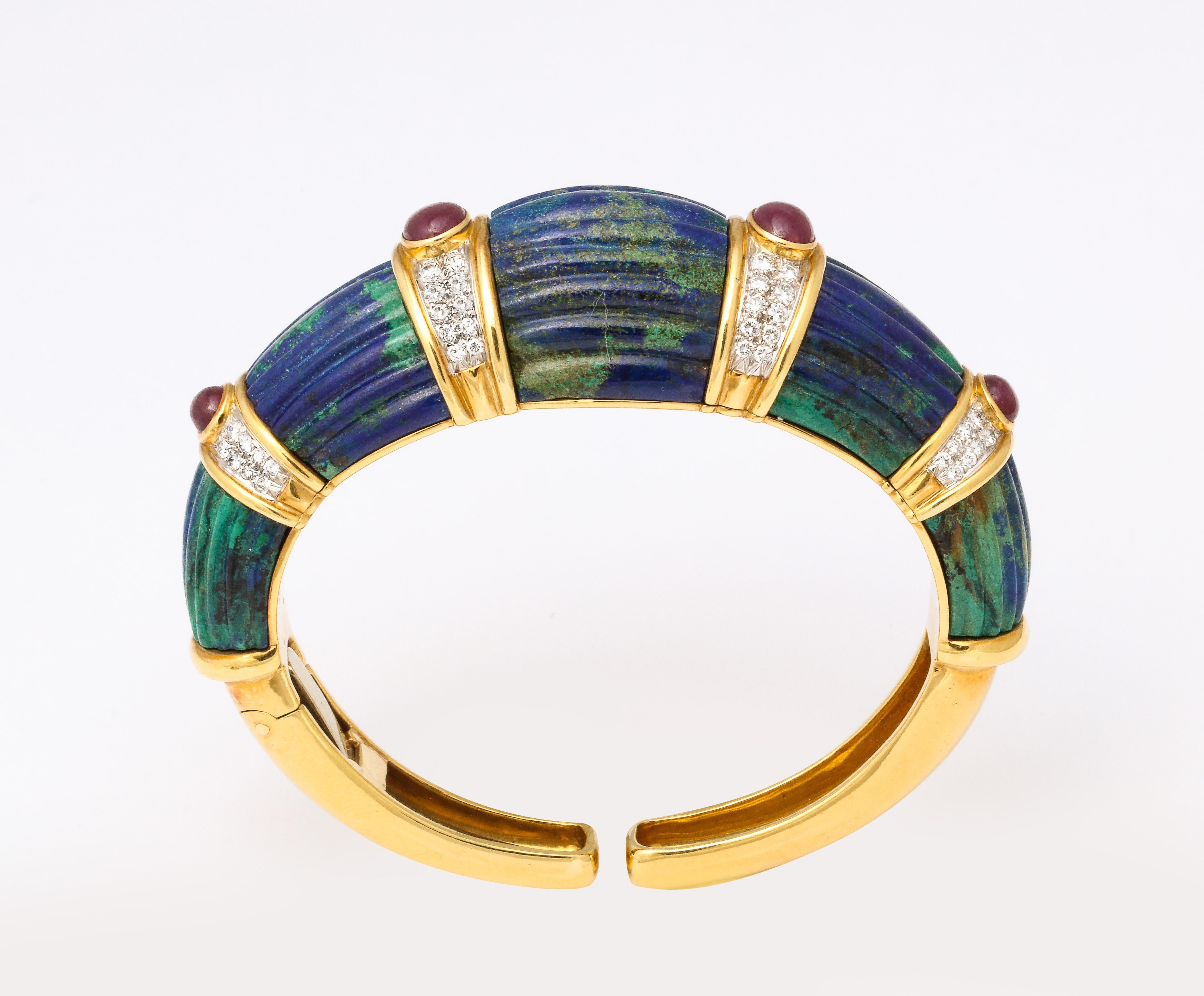 1970s David Webb Gold Diamond Ruby Carved Azurite Malachite Bracelet In Excellent Condition In New York, NY