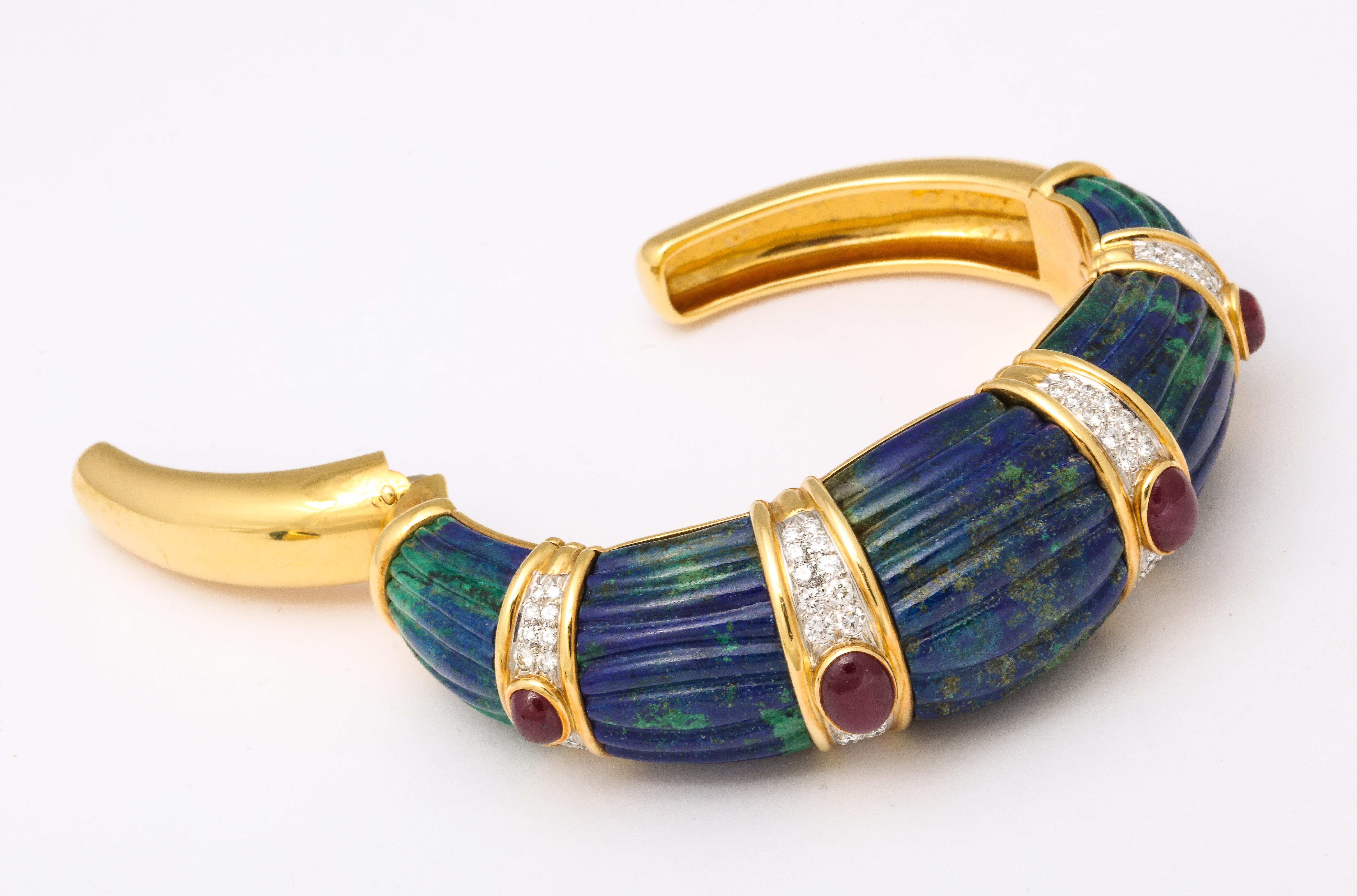 Women's 1970s David Webb Gold Diamond Ruby Carved Azurite Malachite Bracelet