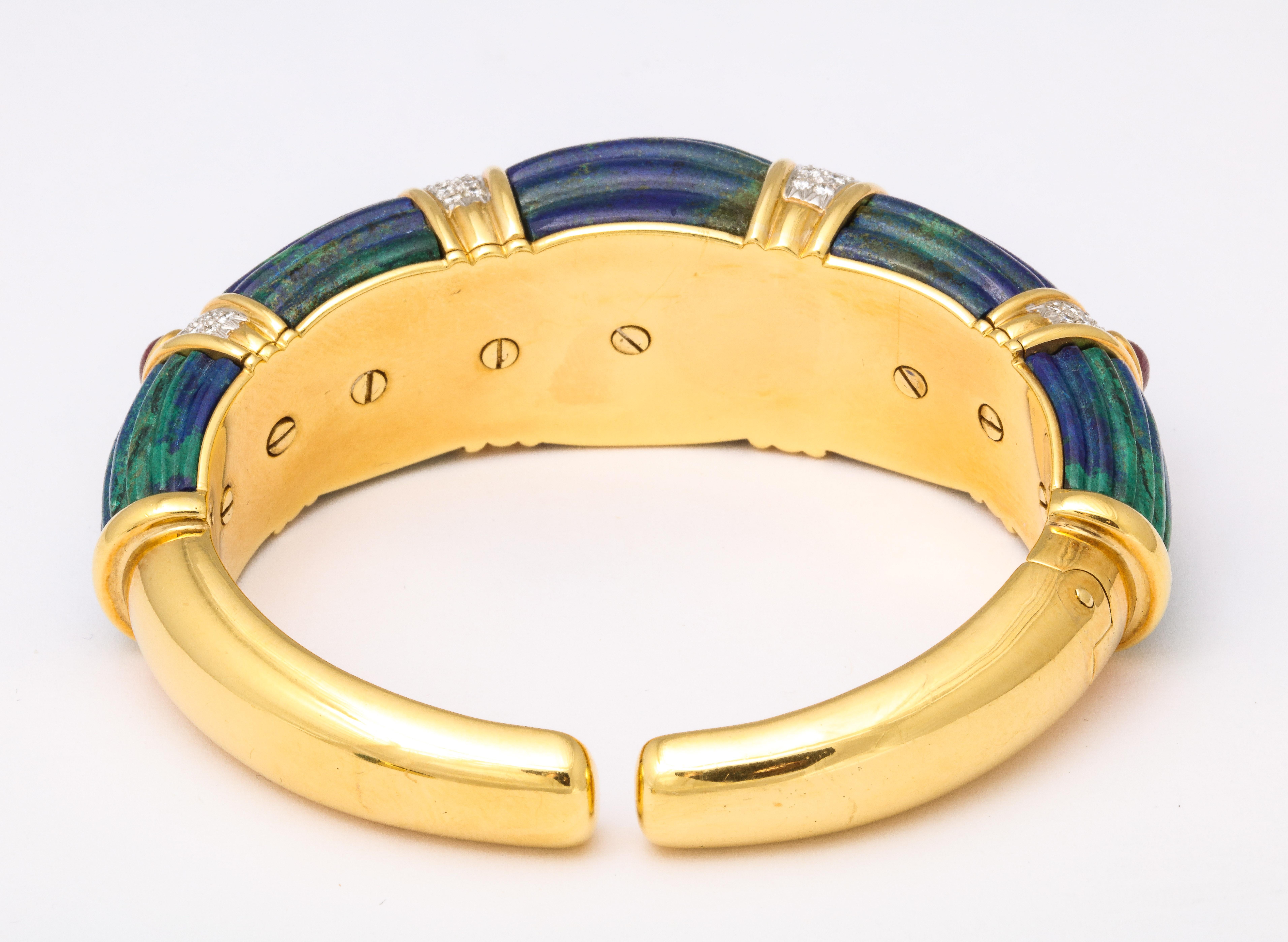 1970s David Webb Gold Diamond Ruby Carved Azurite Malachite Bracelet 2