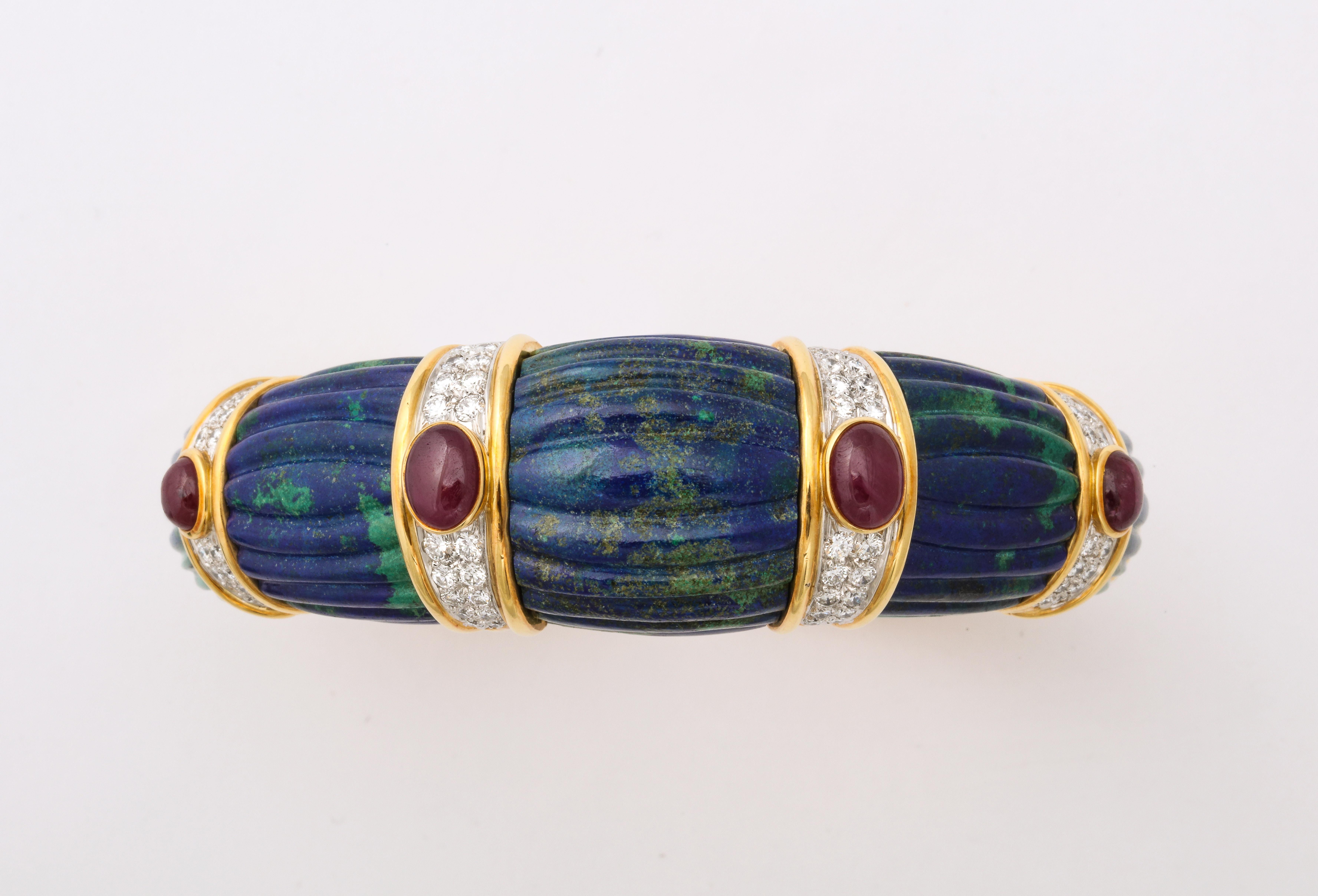 1970s David Webb Gold Diamond Ruby Carved Azurite Malachite Bracelet 3