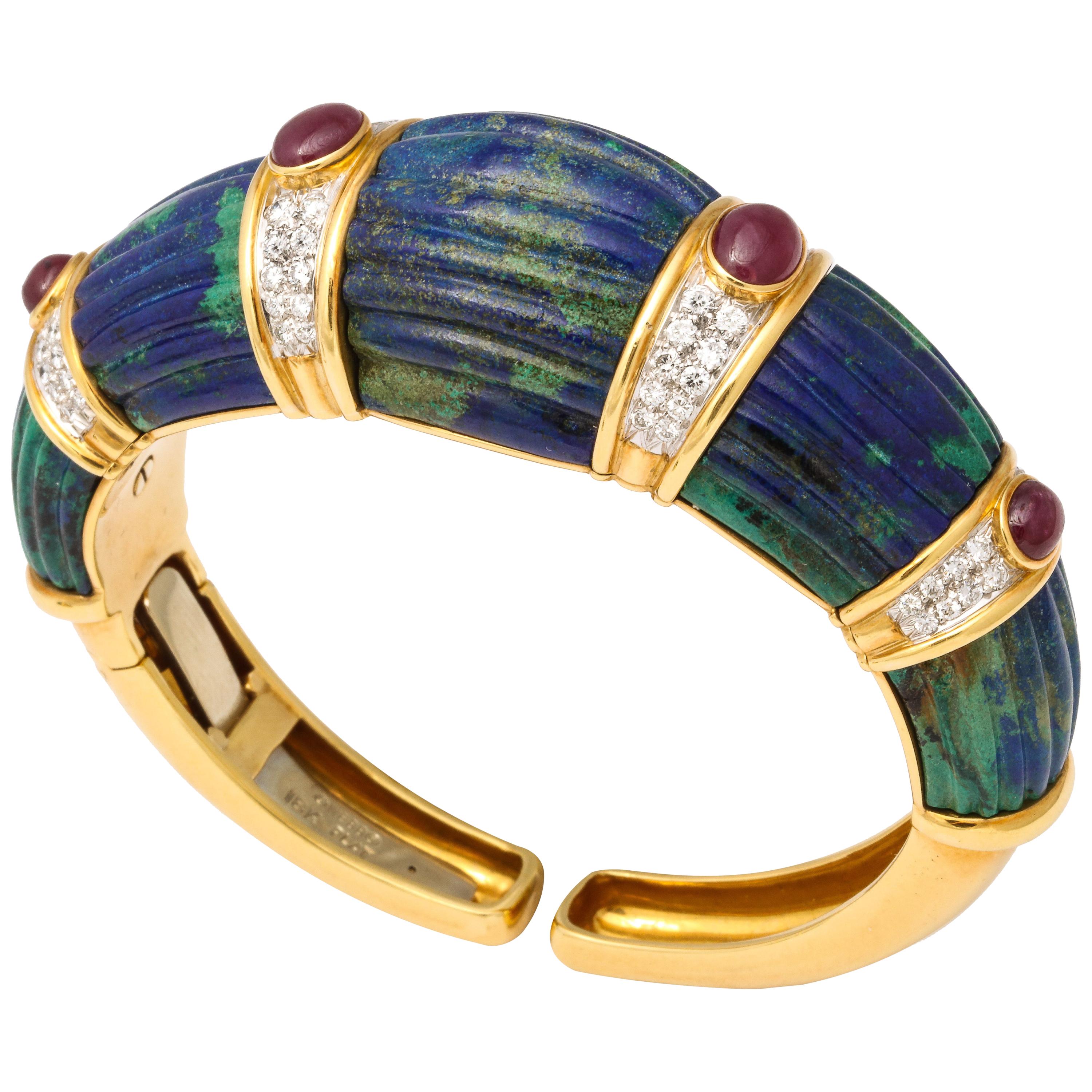 1970s David Webb Gold Diamond Ruby Carved Azurite Malachite Bracelet