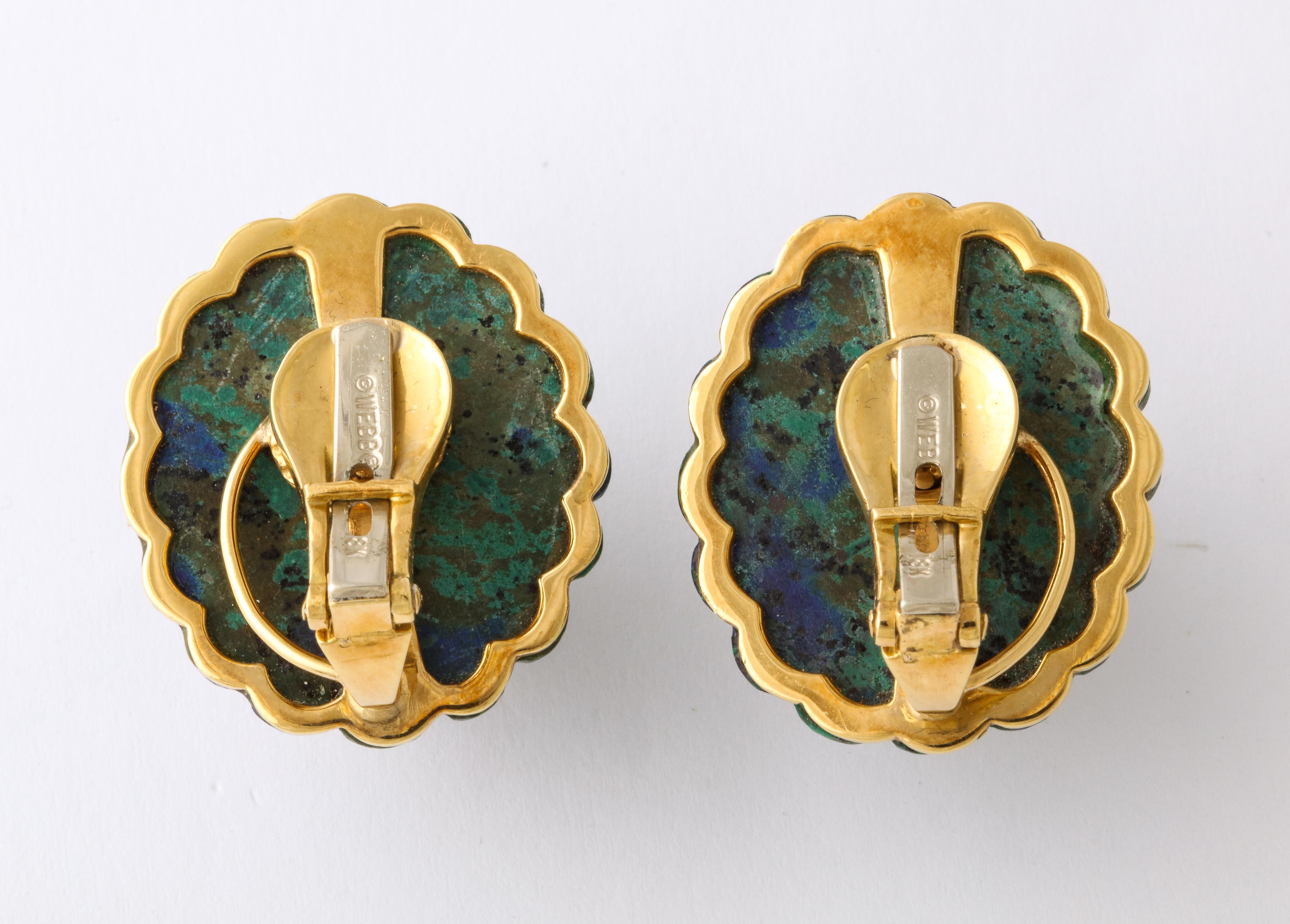 1970s David Webb Gold Diamond Ruby Carved Azurite Malachite Ear Clips In Excellent Condition In New York, NY