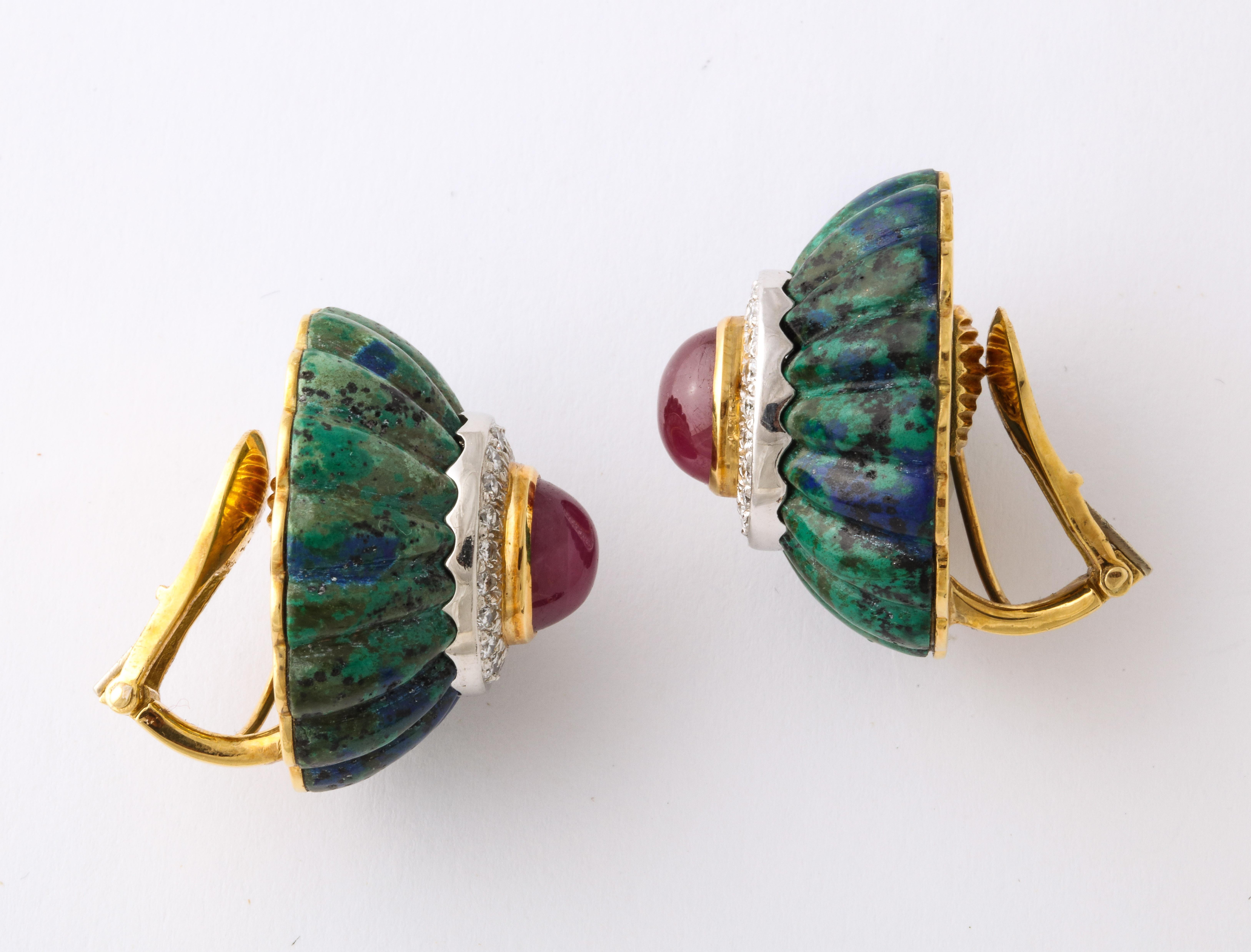 Women's 1970s David Webb Gold Diamond Ruby Carved Azurite Malachite Ear Clips