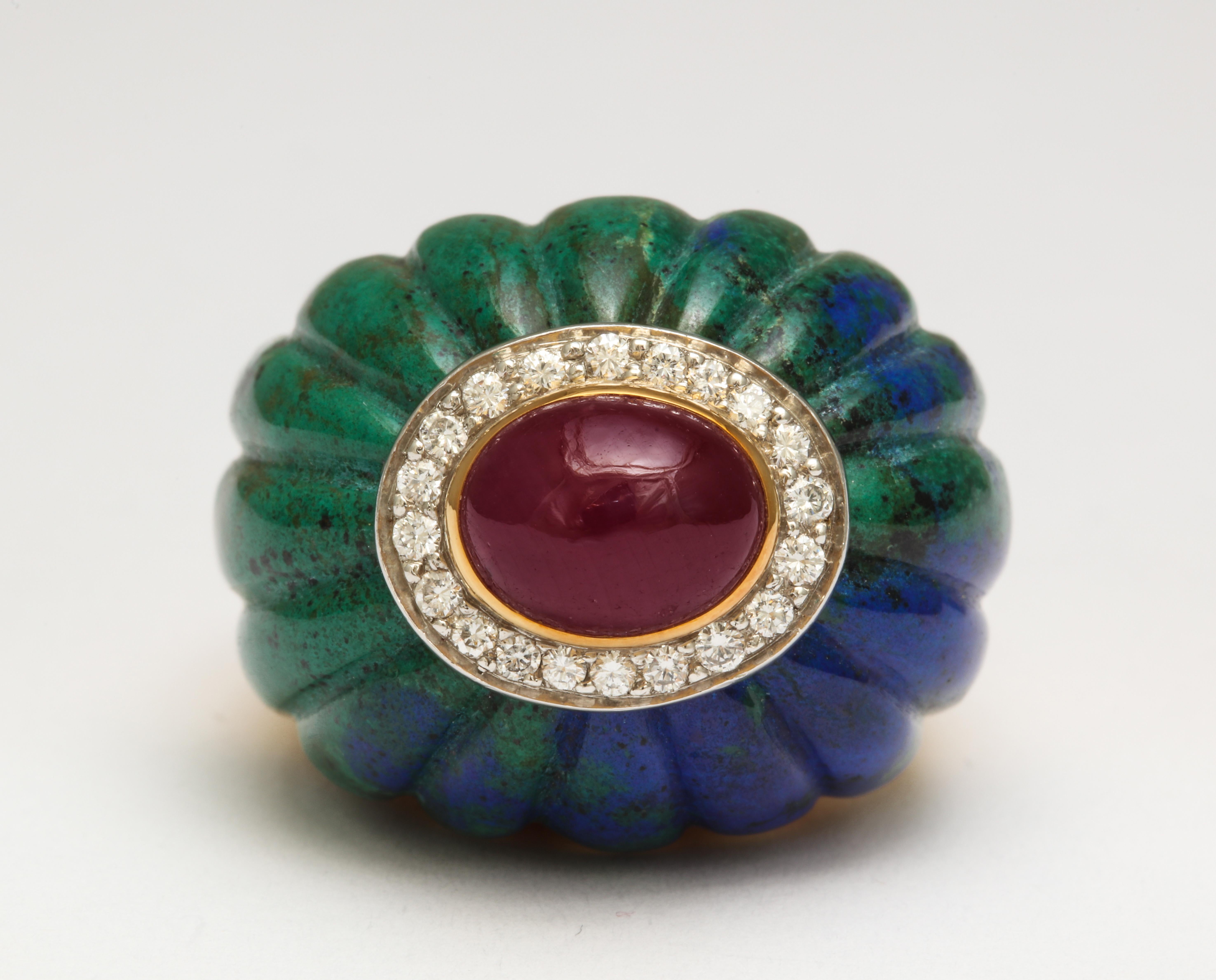 Women's 1970s David Webb Gold Diamond Ruby Carved Azurite Malachite Ring