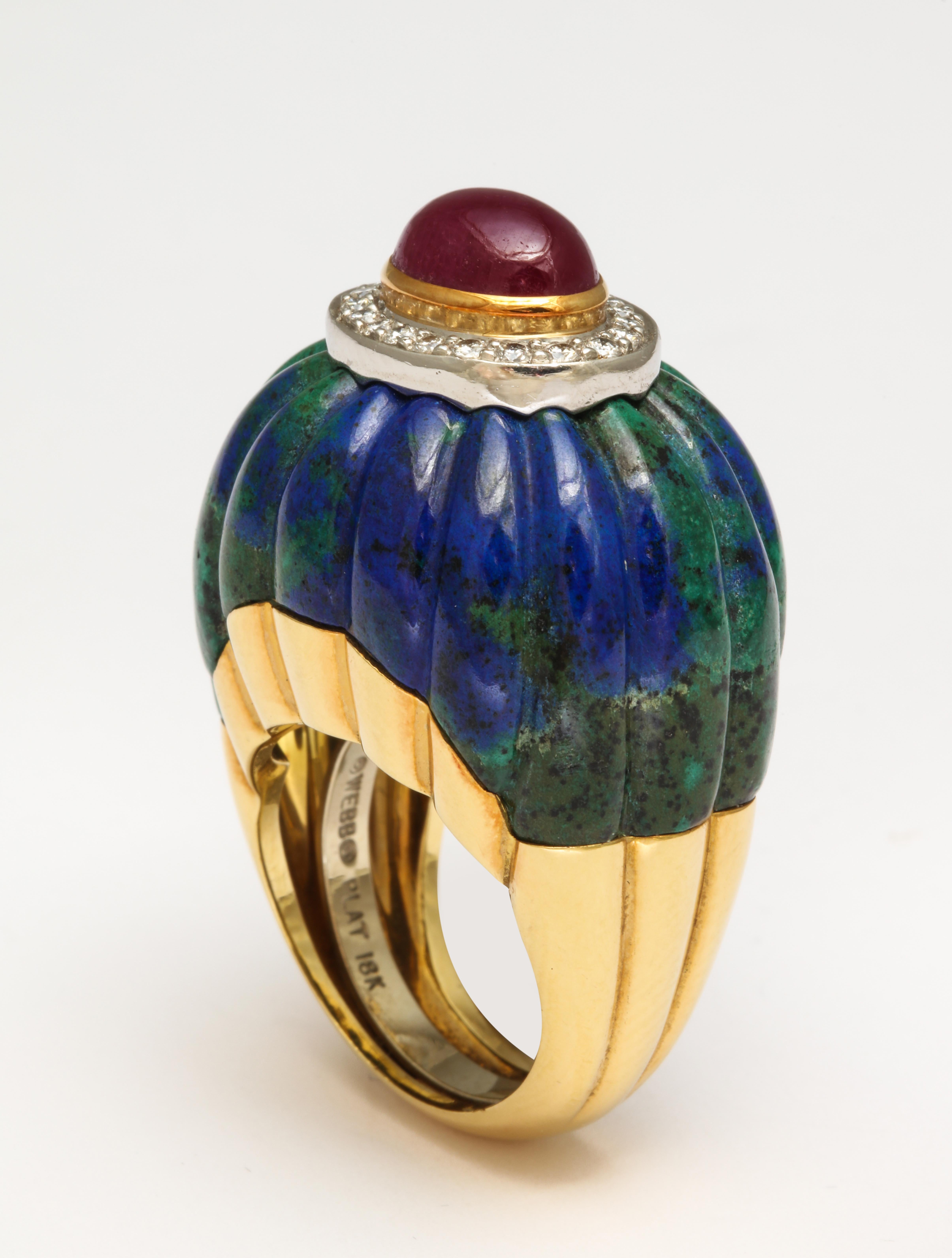 1970s David Webb Gold Diamond Ruby Carved Azurite Malachite Ring 1