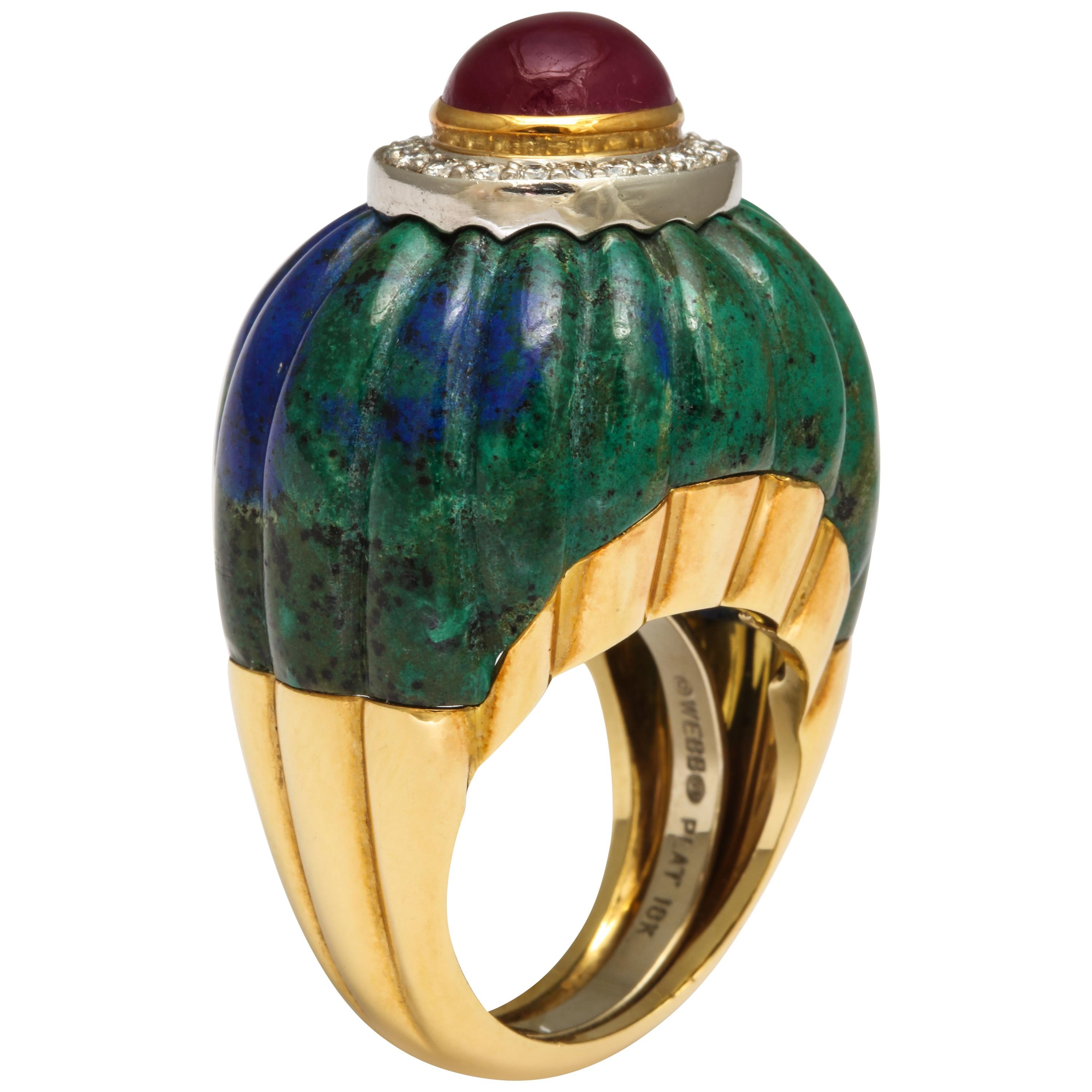 1970s David Webb Gold Diamond Ruby Carved Azurite Malachite Ring