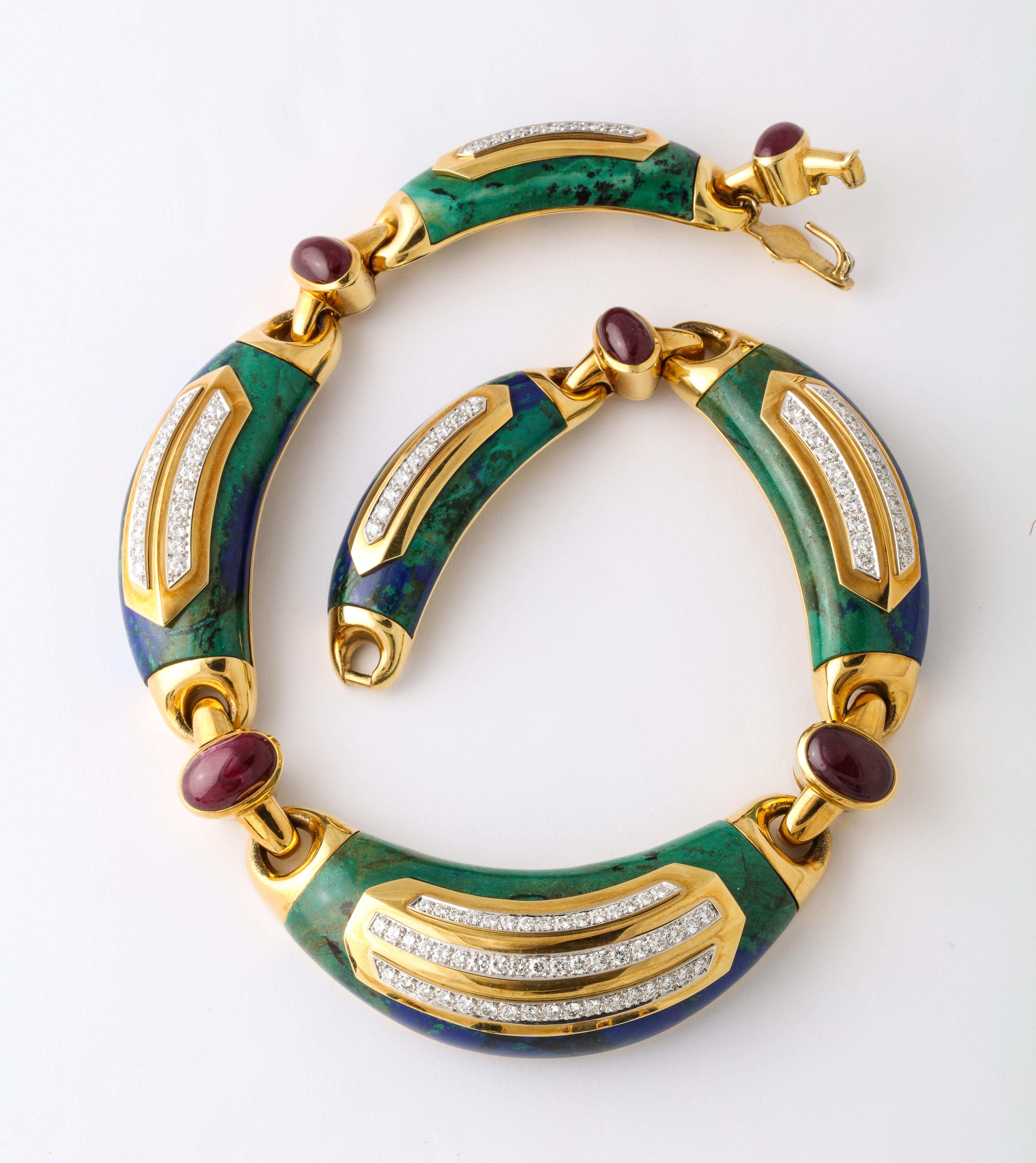 1970s David Webb Gold Ruby Diamond Carved Azurite Malachite Necklace In Excellent Condition In New York, NY