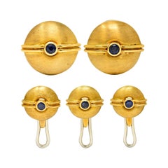 1970's David Webb Sapphire 18 Karat Yellow Gold Men's Cufflinks Dress Set