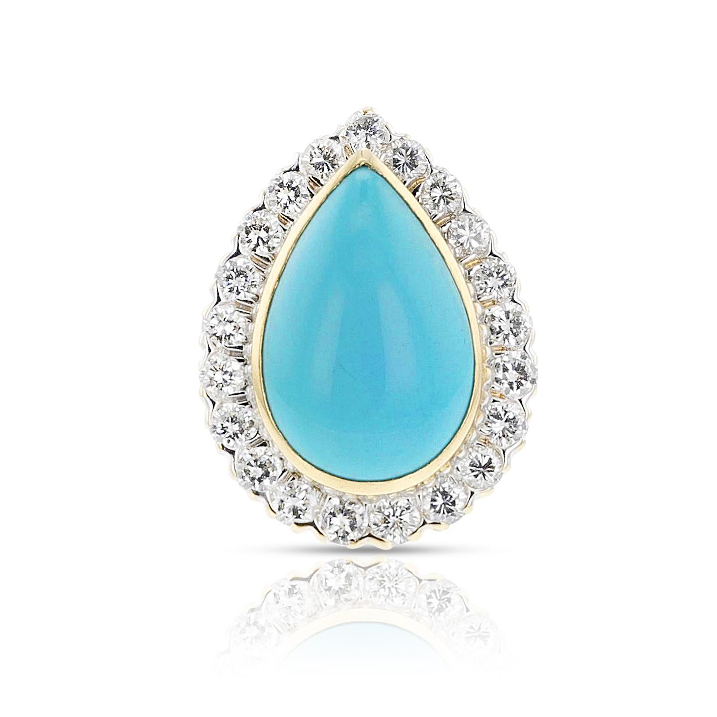 1970s David Webb Turquoise Cabochon and Diamond Ring, 18k and Platinum In Excellent Condition For Sale In New York, NY