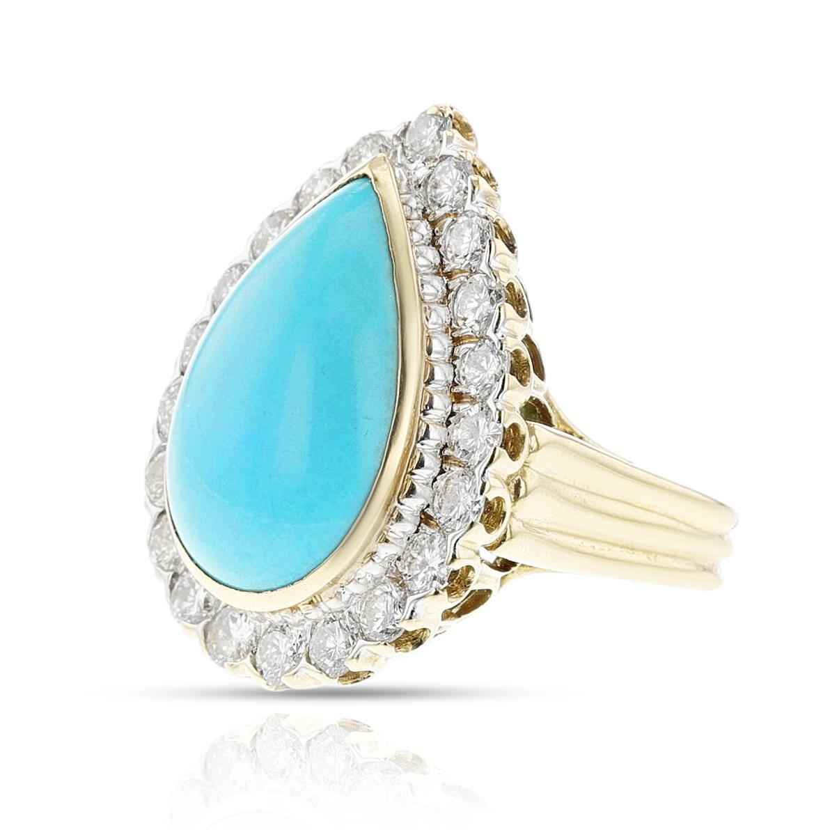 Women's or Men's 1970s David Webb Turquoise Cabochon and Diamond Ring, 18k and Platinum For Sale
