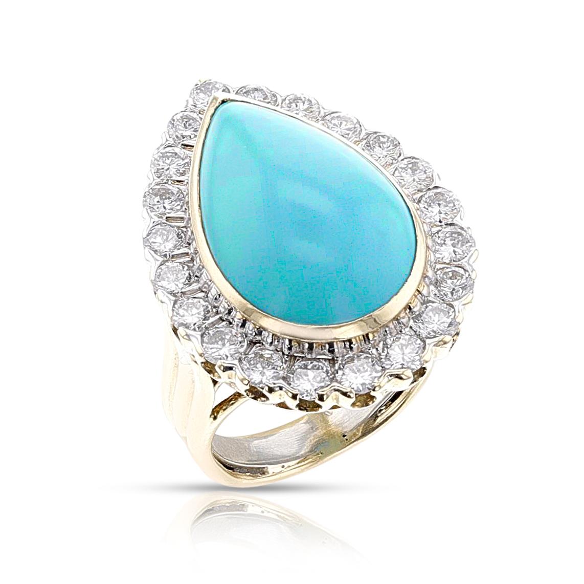 1970s David Webb Turquoise Cabochon and Diamond Ring, 18k and Platinum For Sale 1