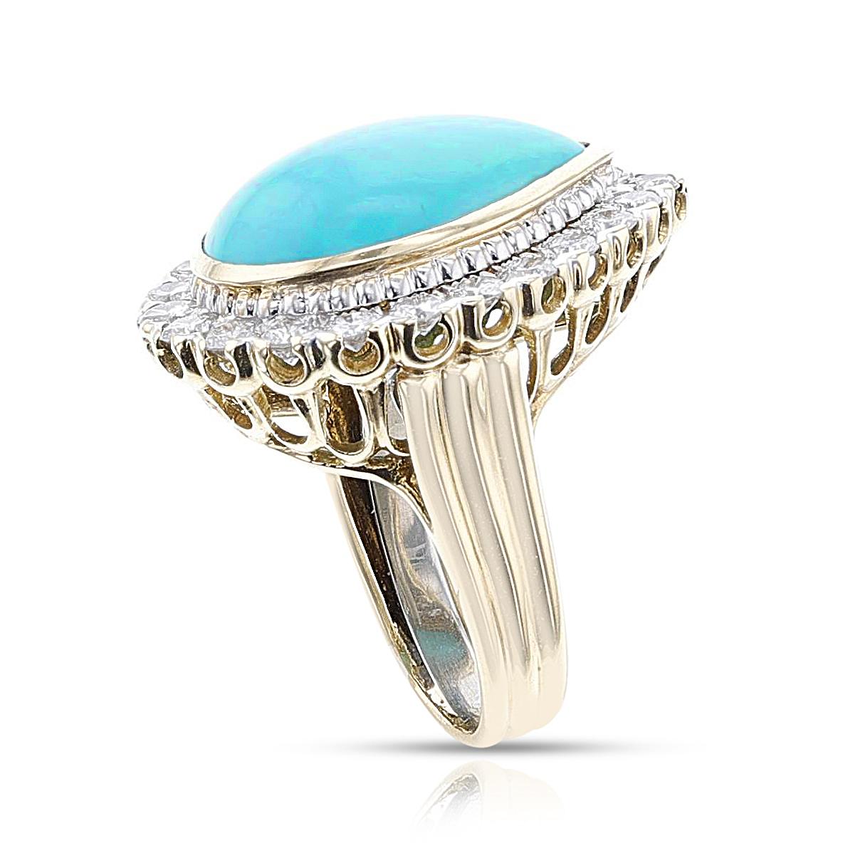 1970s David Webb Turquoise Cabochon and Diamond Ring, 18k and Platinum For Sale 2
