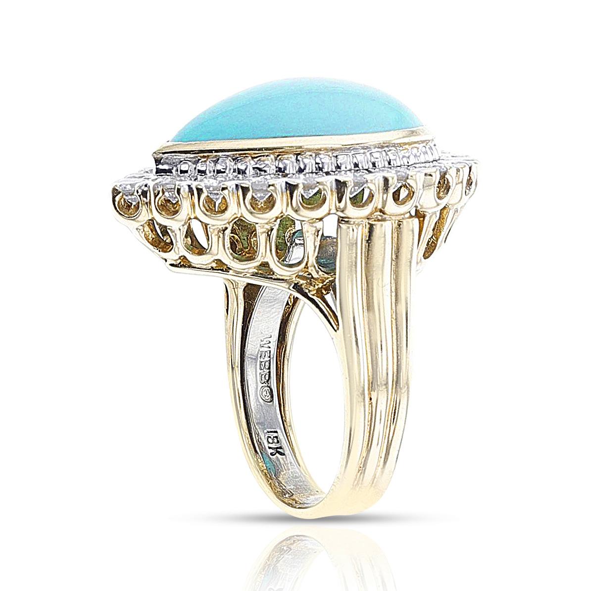 1970s David Webb Turquoise Cabochon and Diamond Ring, 18k and Platinum For Sale 3