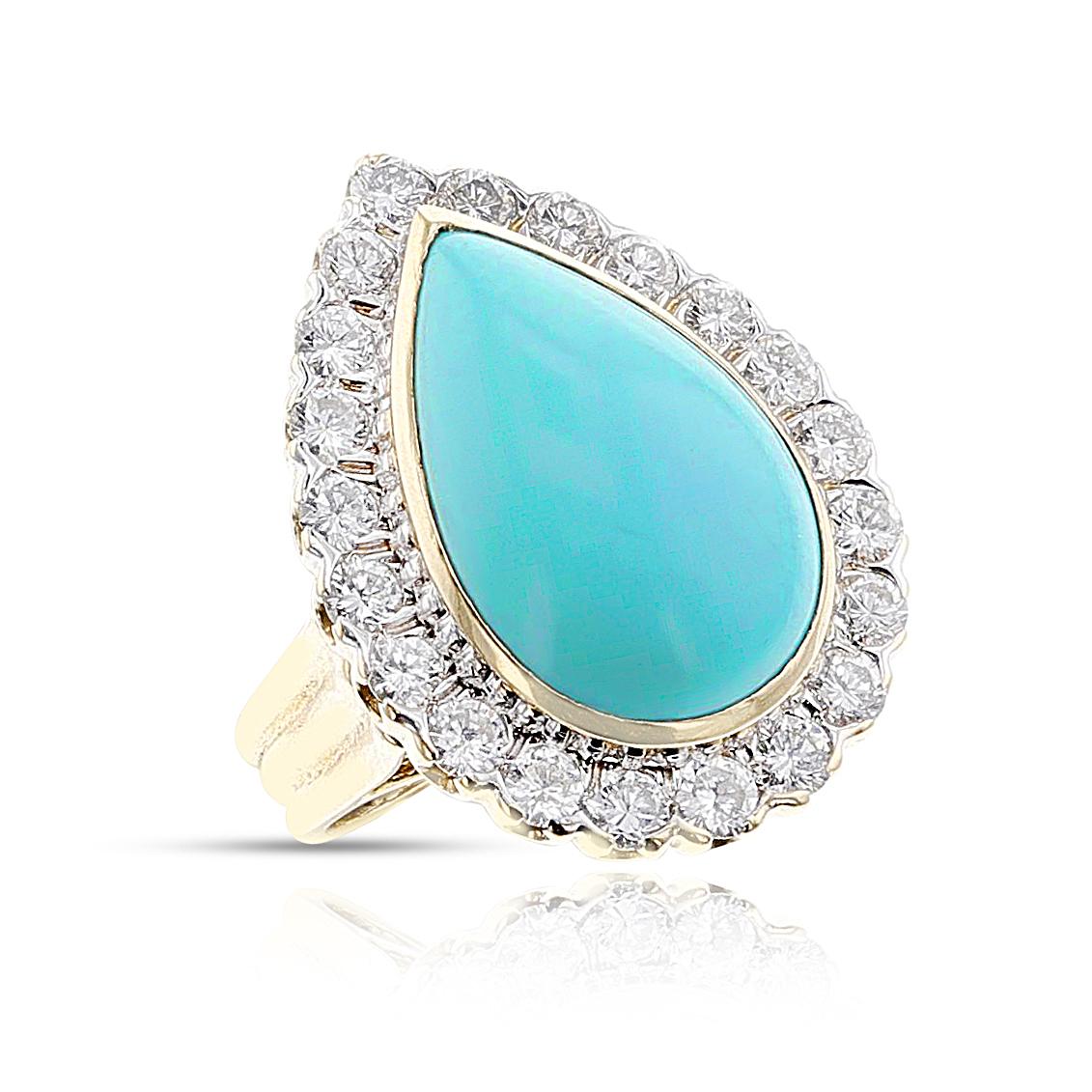 1970s David Webb Turquoise Cabochon and Diamond Ring, 18k and Platinum For Sale 4