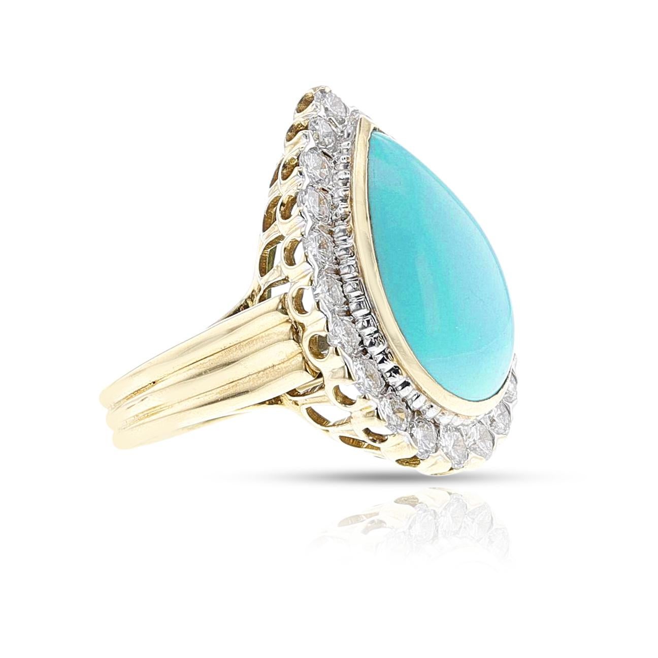 1970s David Webb Turquoise Cabochon and Diamond Ring, 18k and Platinum For Sale 5