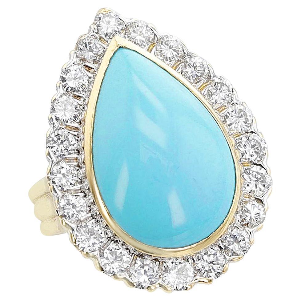 1970s David Webb Turquoise Cabochon and Diamond Ring, 18k and Platinum