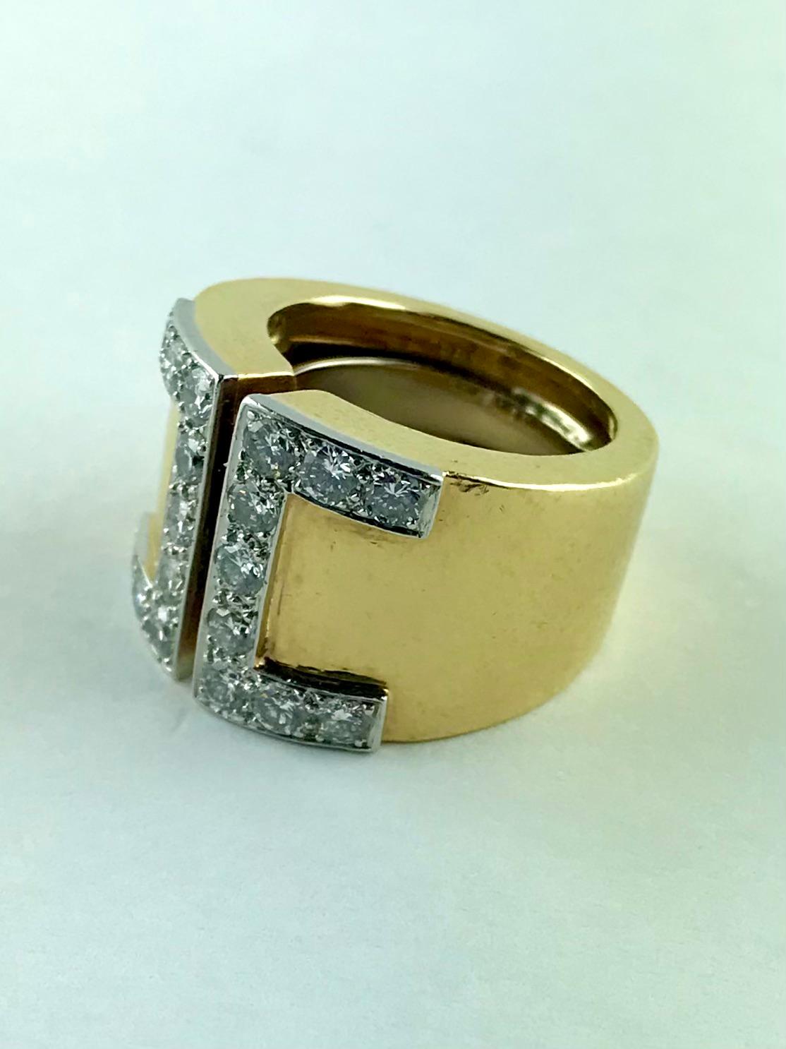 Brilliant Cut 1970s David Webb Yellow Gold, Platinum and Diamond Band Ring For Sale