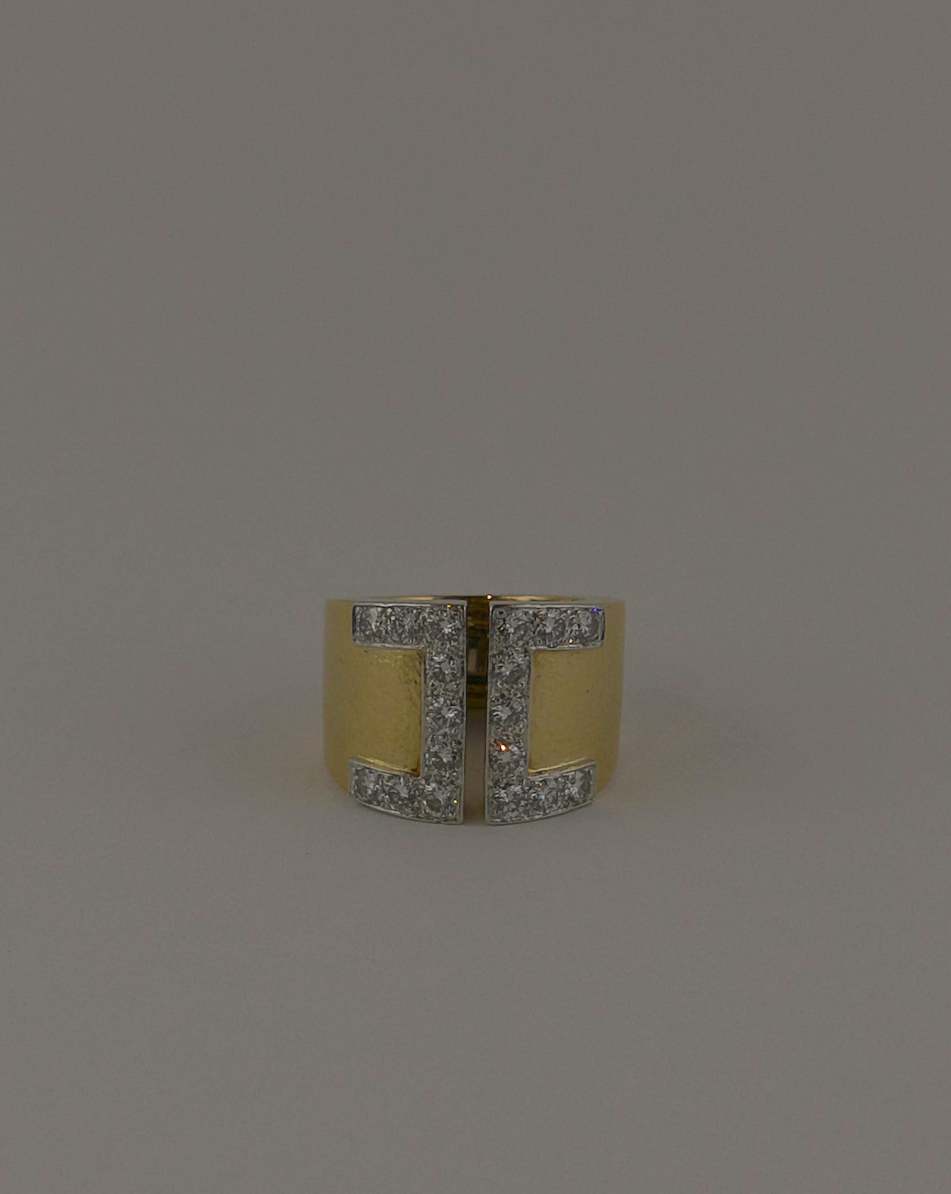 1970s David Webb Yellow Gold, Platinum and Diamond Band Ring In Good Condition For Sale In Torino, IT