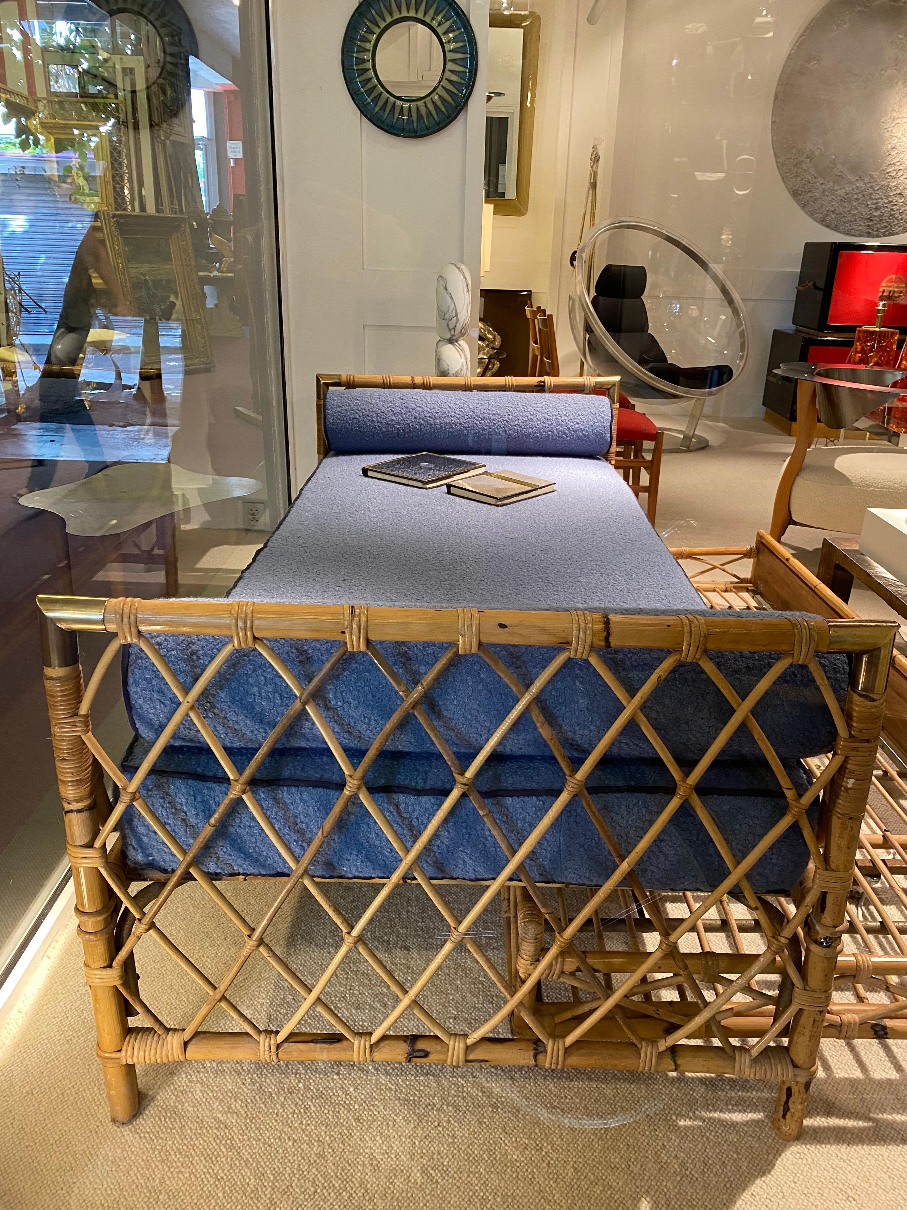 French 1970s Daybed in Bamboo and Brass Details