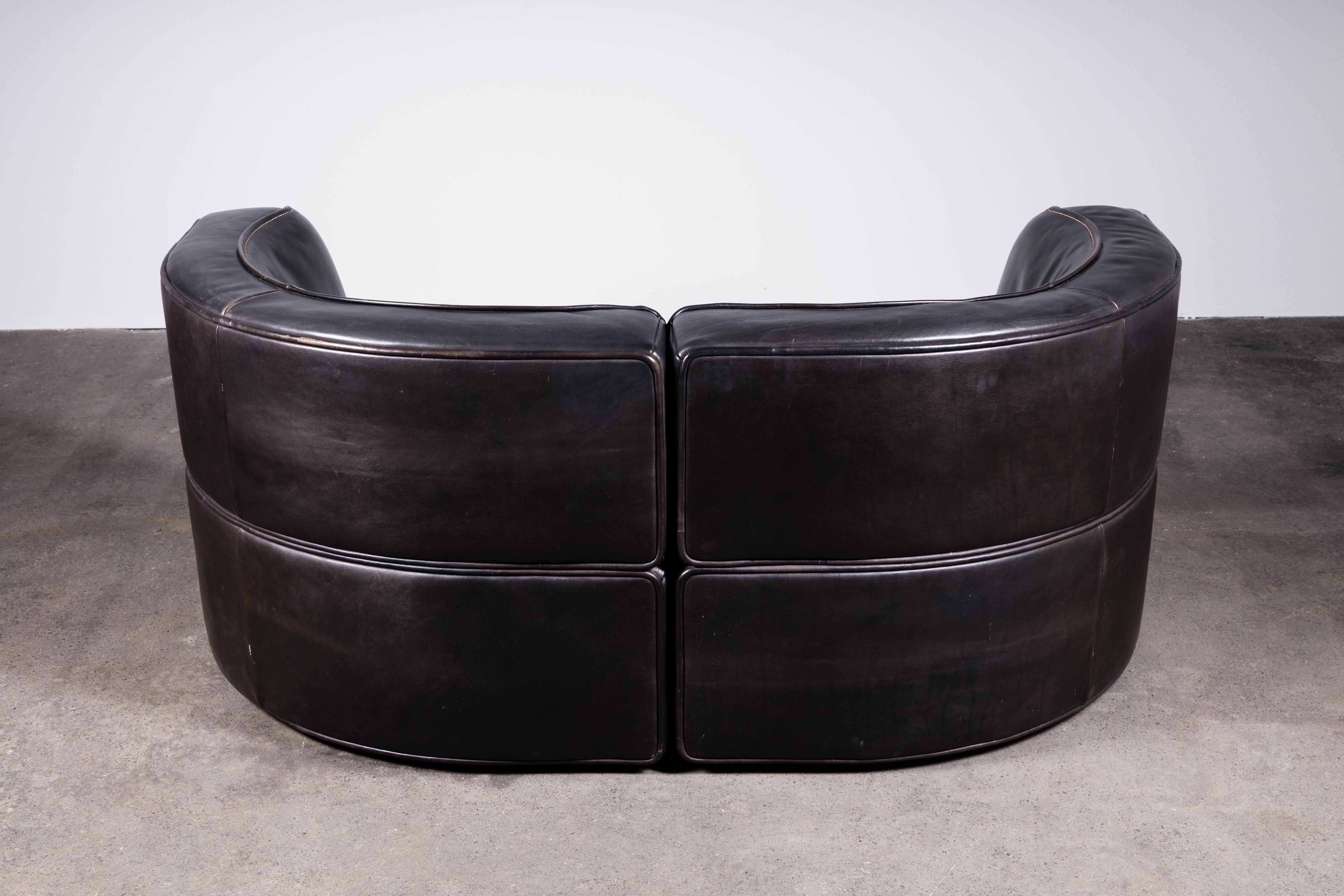 1970s De Sede DS-15 Swiss Sectional Sofa Loveseat in Patinated Black Leather 1