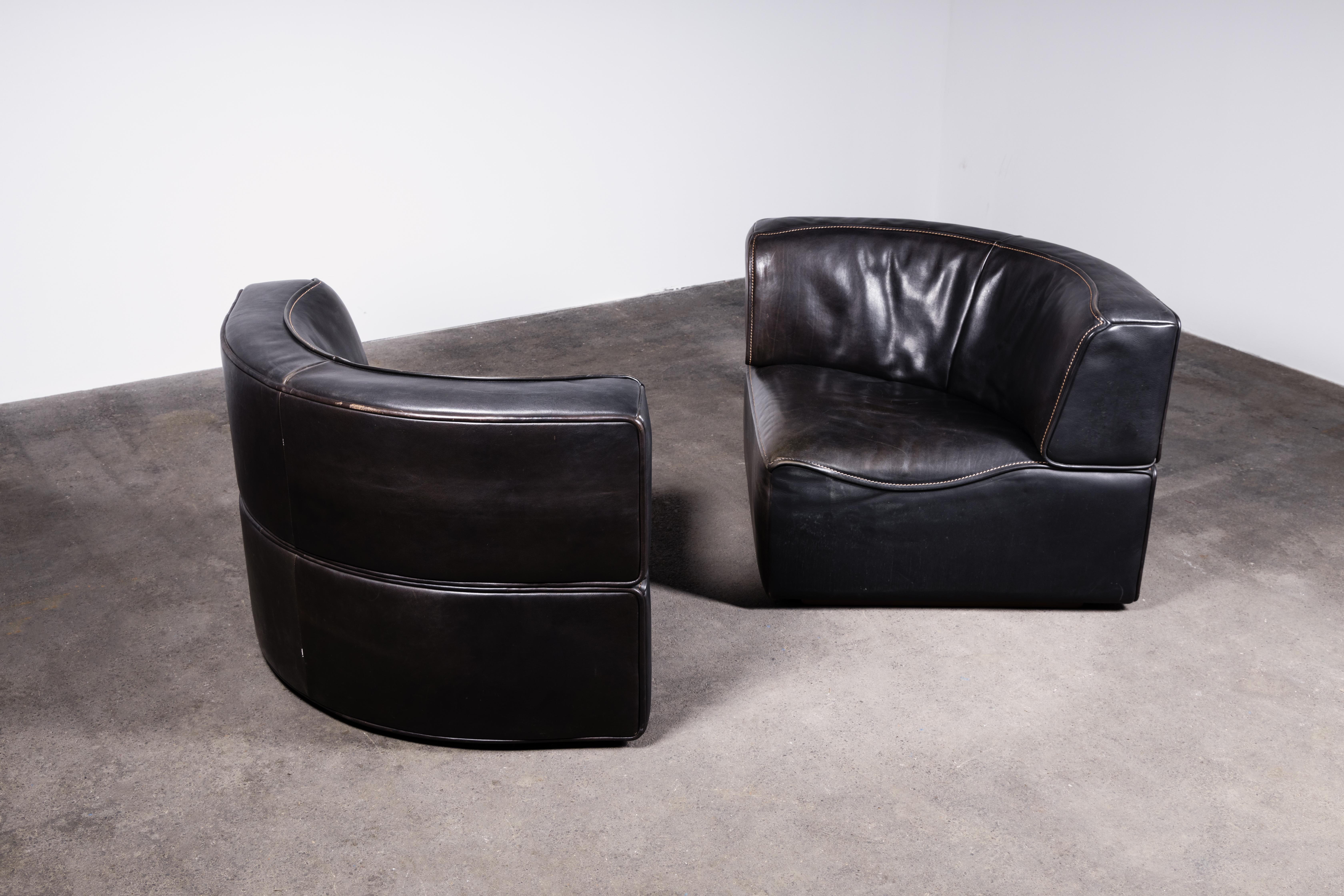 1970s De Sede DS-15 Swiss Sectional Sofa Loveseat in Patinated Black Leather 3