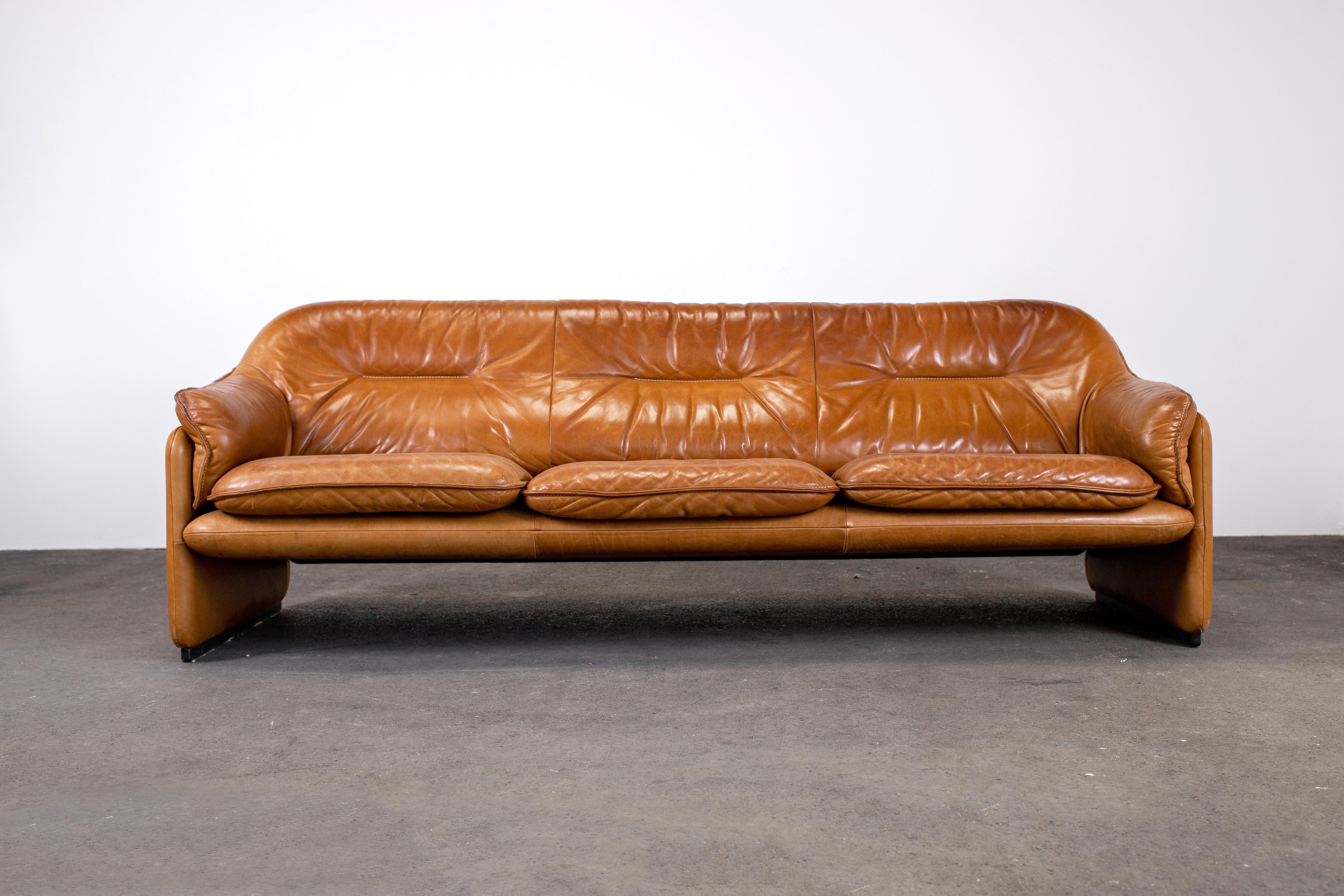 Mid-Century Modern 1970s De Sede Ds-61 in Cognac Vegetable Dyed Leather 3 Seat Sofa