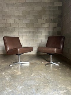 1970s De Sede Leather and Metal Swivel Chairs- A Pair