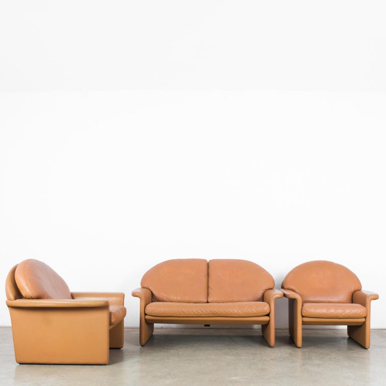 Mid-Century Modern 1970s De Sede Leather Sofa and Pair of Armchairs For Sale