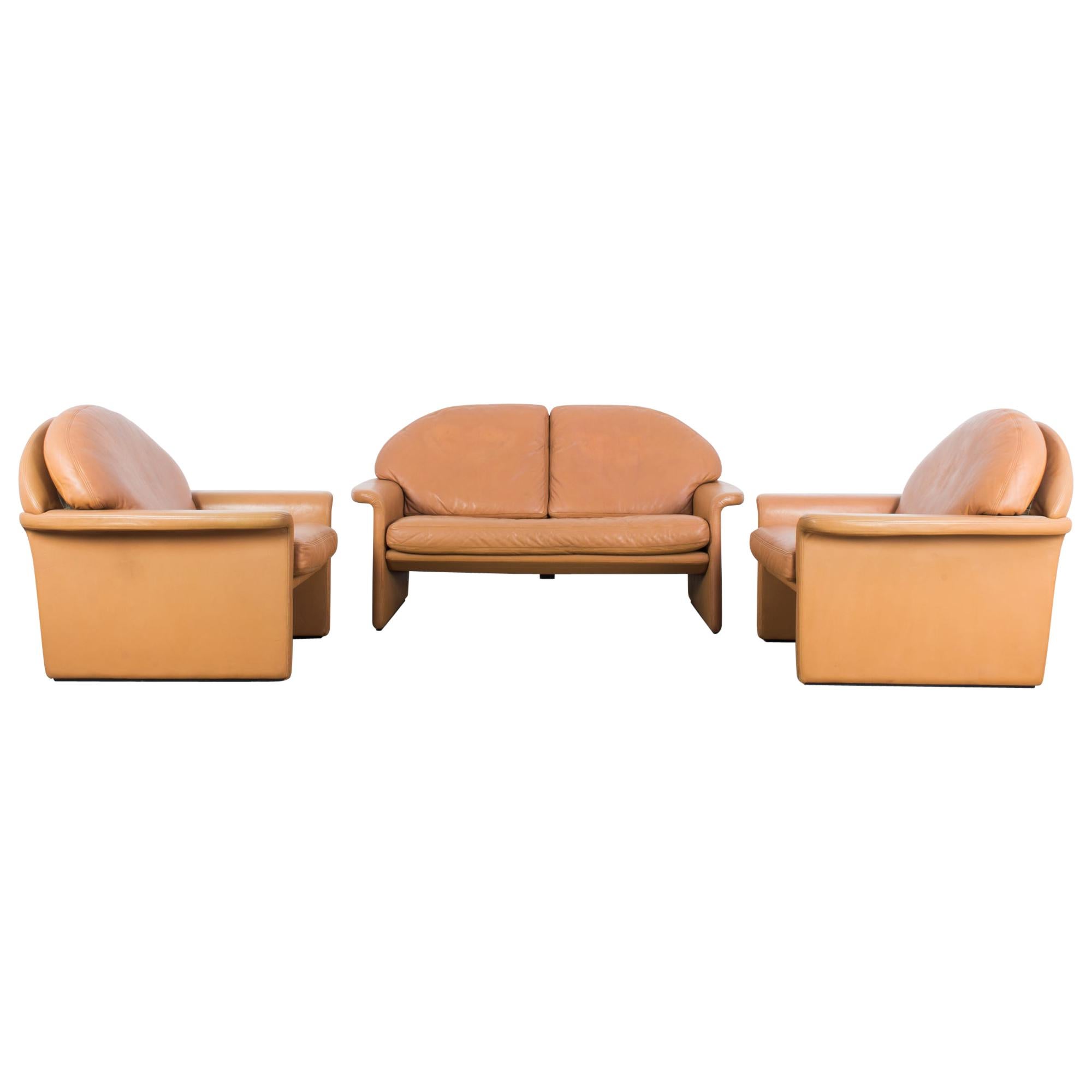 1970s De Sede Leather Sofa and Pair of Armchairs