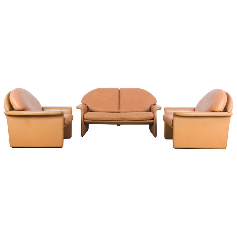 1970s De Sede Leather Sofa and Pair of Armchairs For Sale
