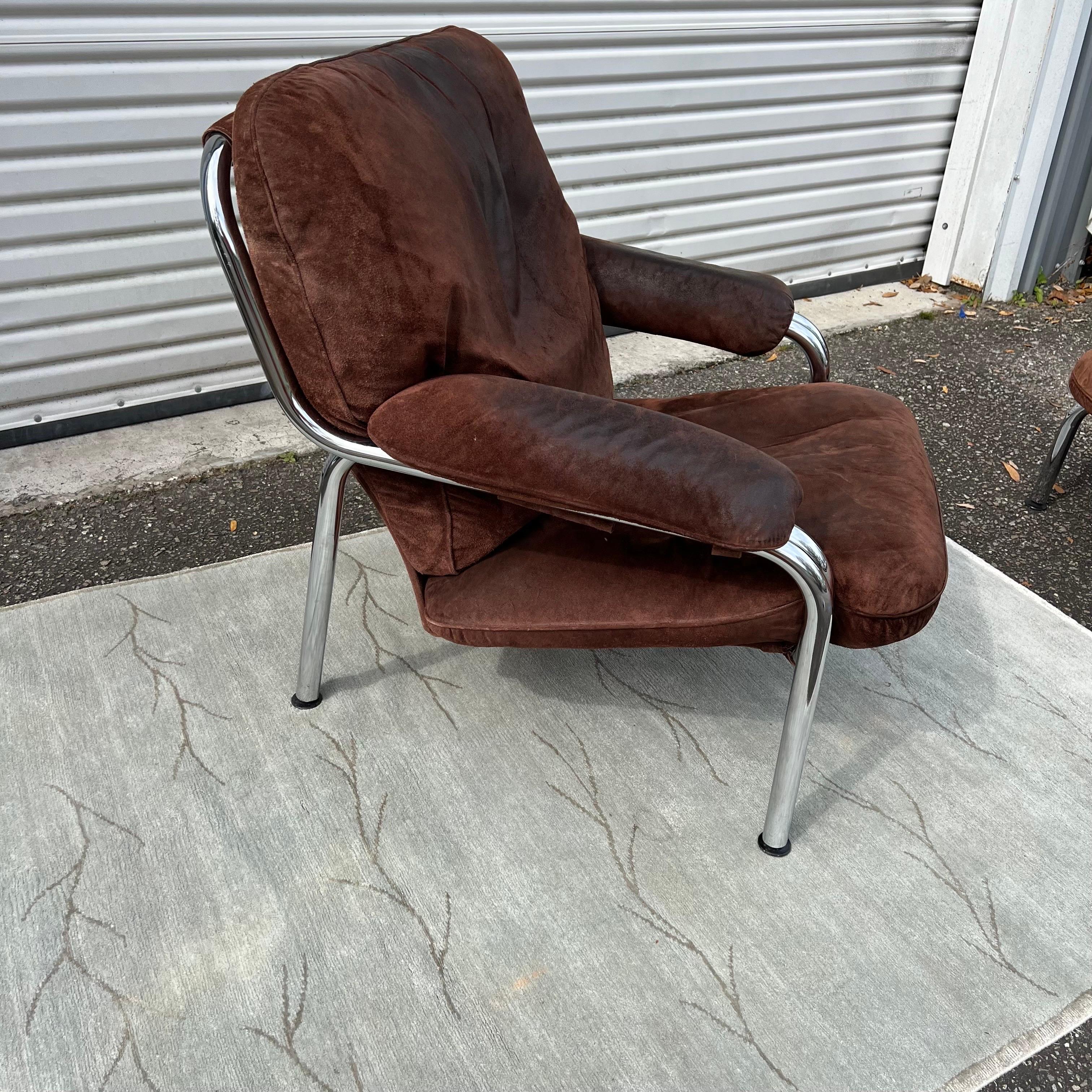 1970s De Sede Style Chrome Easy Chair and Ottoman 3