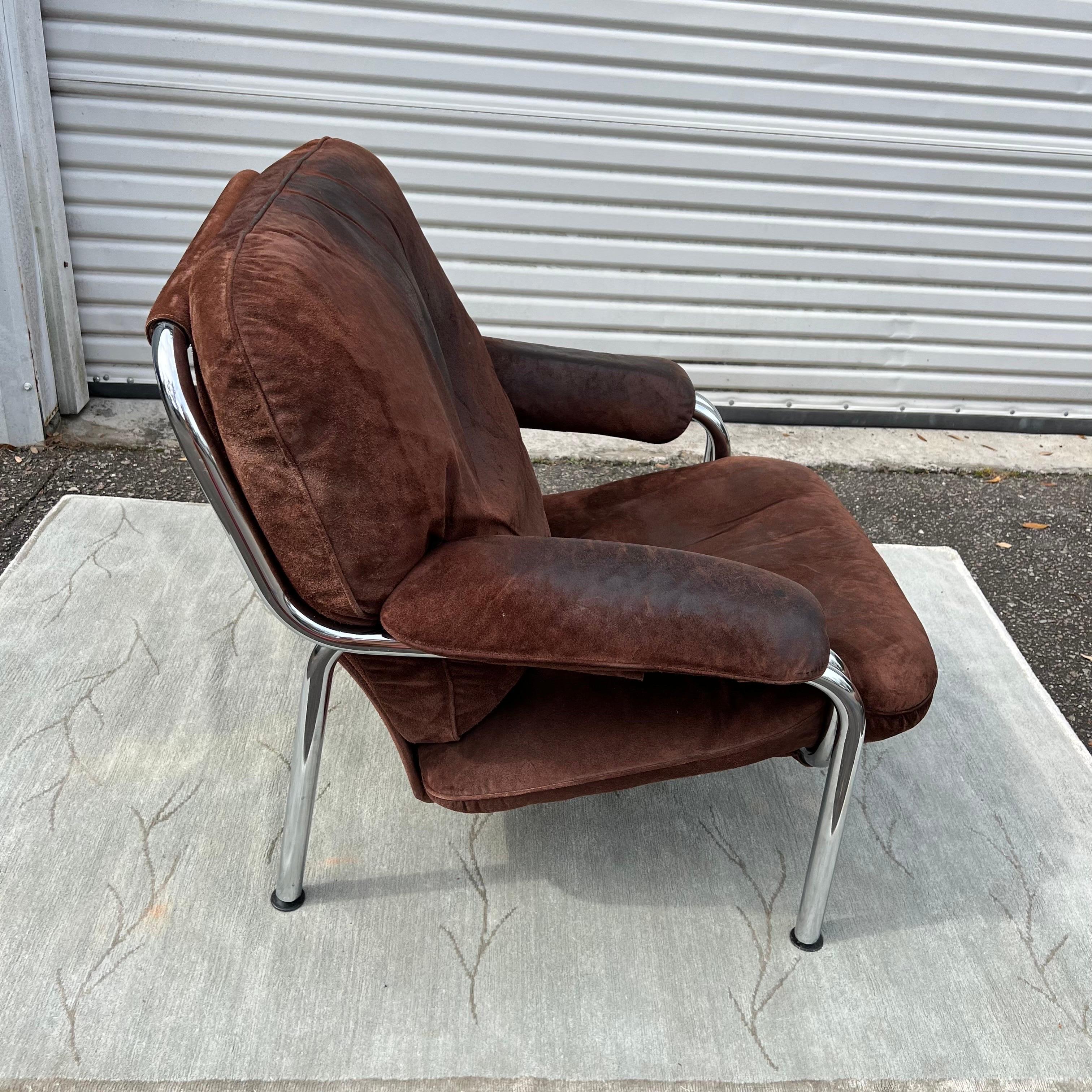 1970s De Sede Style Chrome Easy Chair and Ottoman 4
