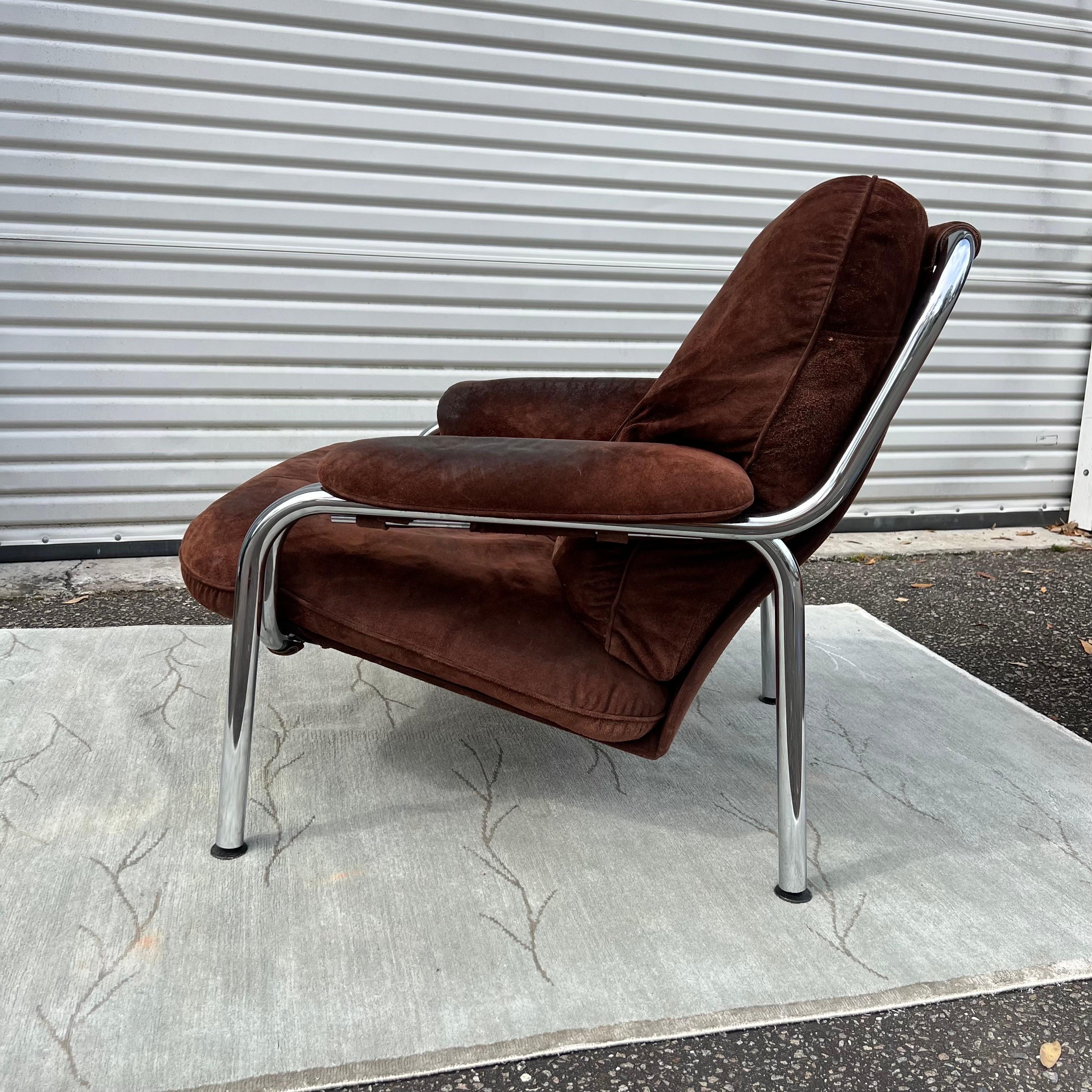 1970s De Sede Style Chrome Easy Chair and Ottoman 6