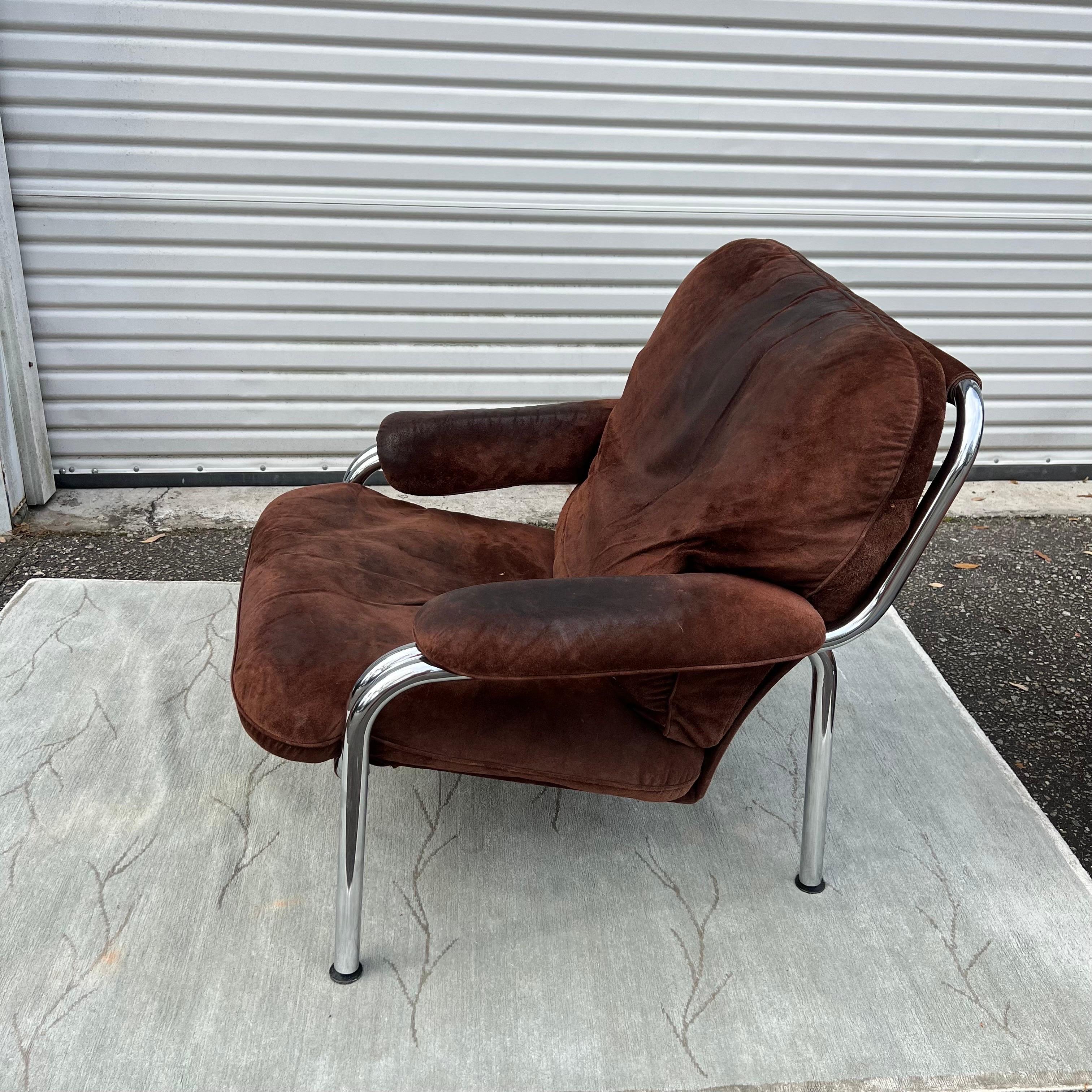 1970s De Sede Style Chrome Easy Chair and Ottoman 7