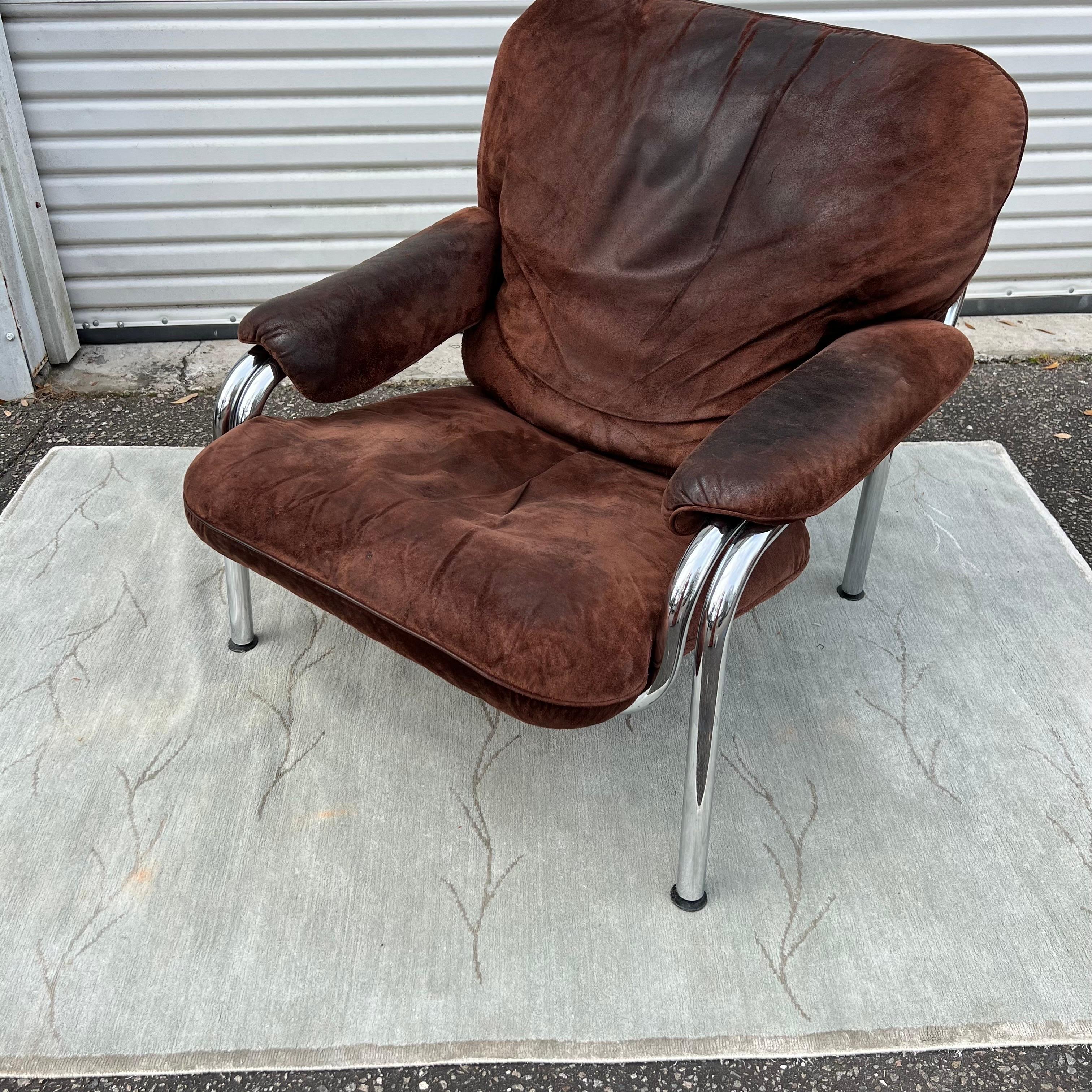 1970s De Sede Style Chrome Easy Chair and Ottoman 8