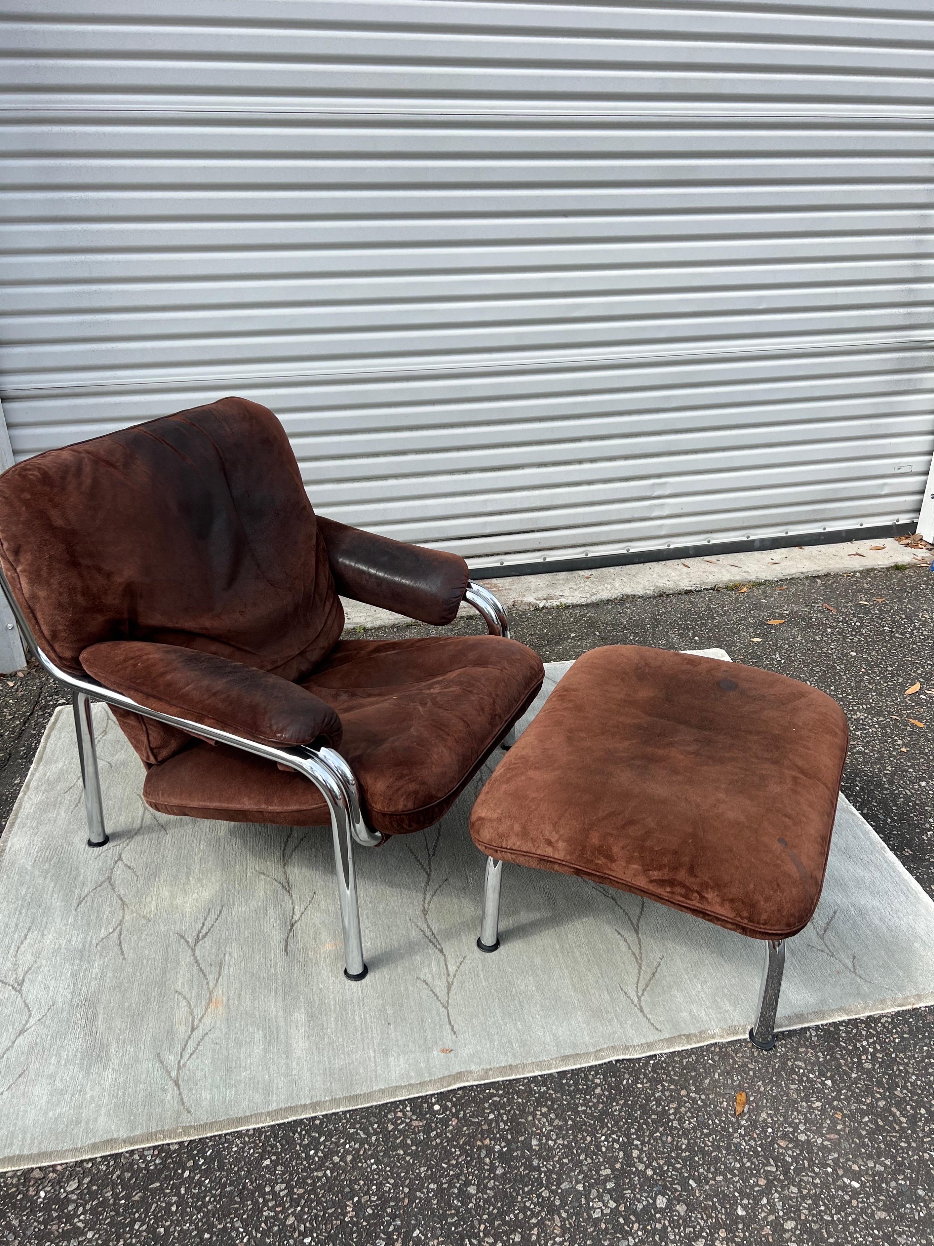Mid-Century Modern 1970s De Sede Style Chrome Easy Chair and Ottoman