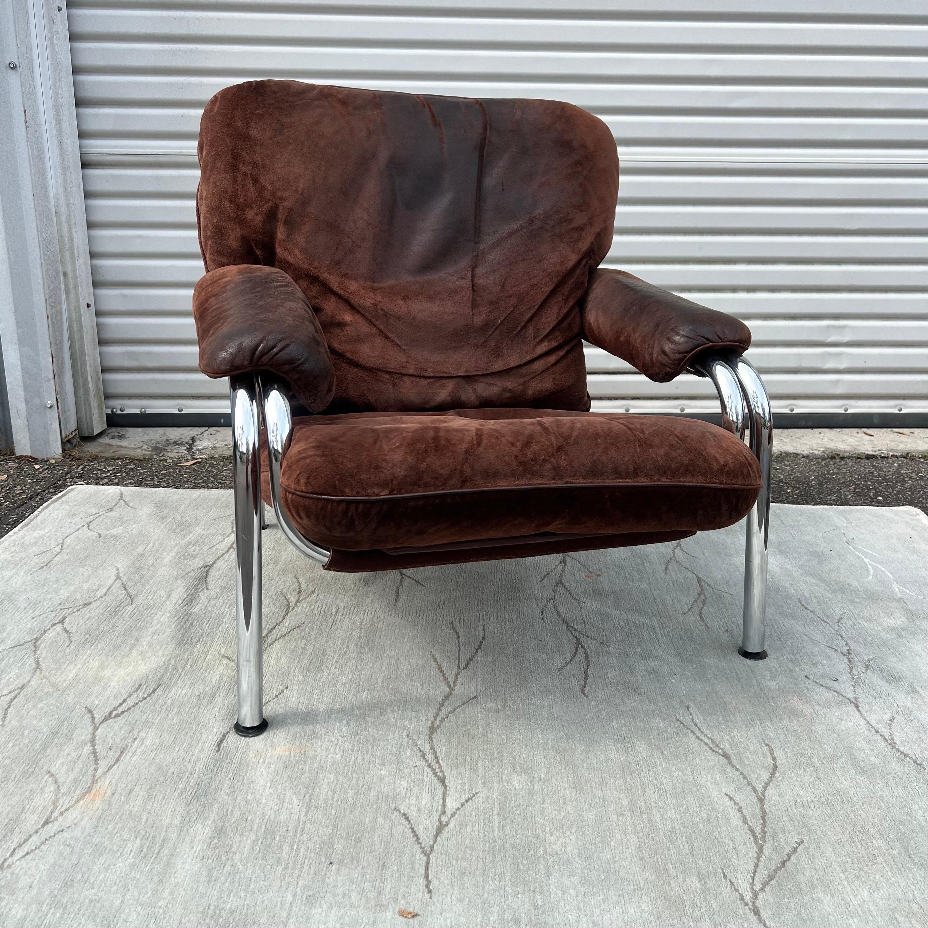 Suede 1970s De Sede Style Chrome Easy Chair and Ottoman