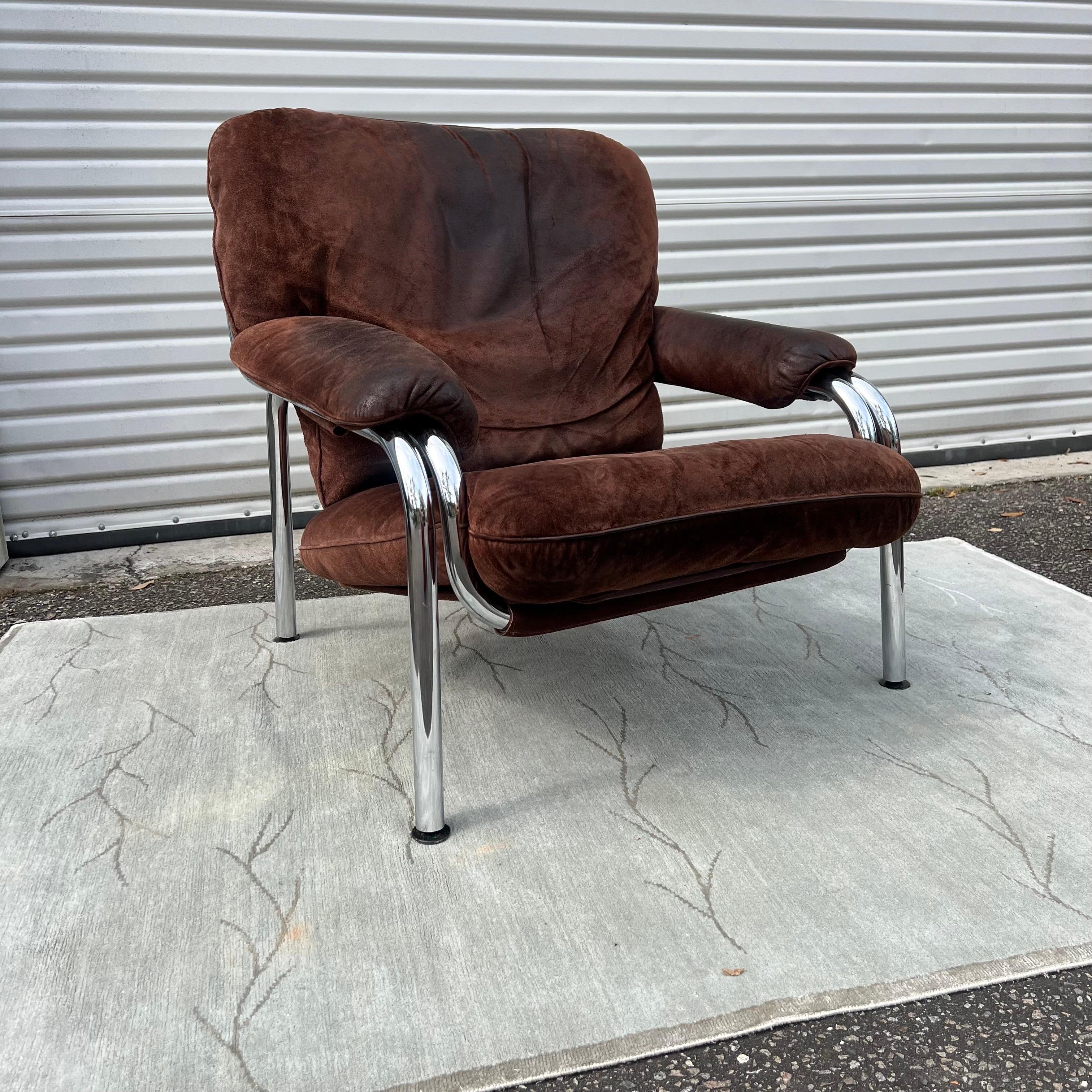 1970s De Sede Style Chrome Easy Chair and Ottoman 1