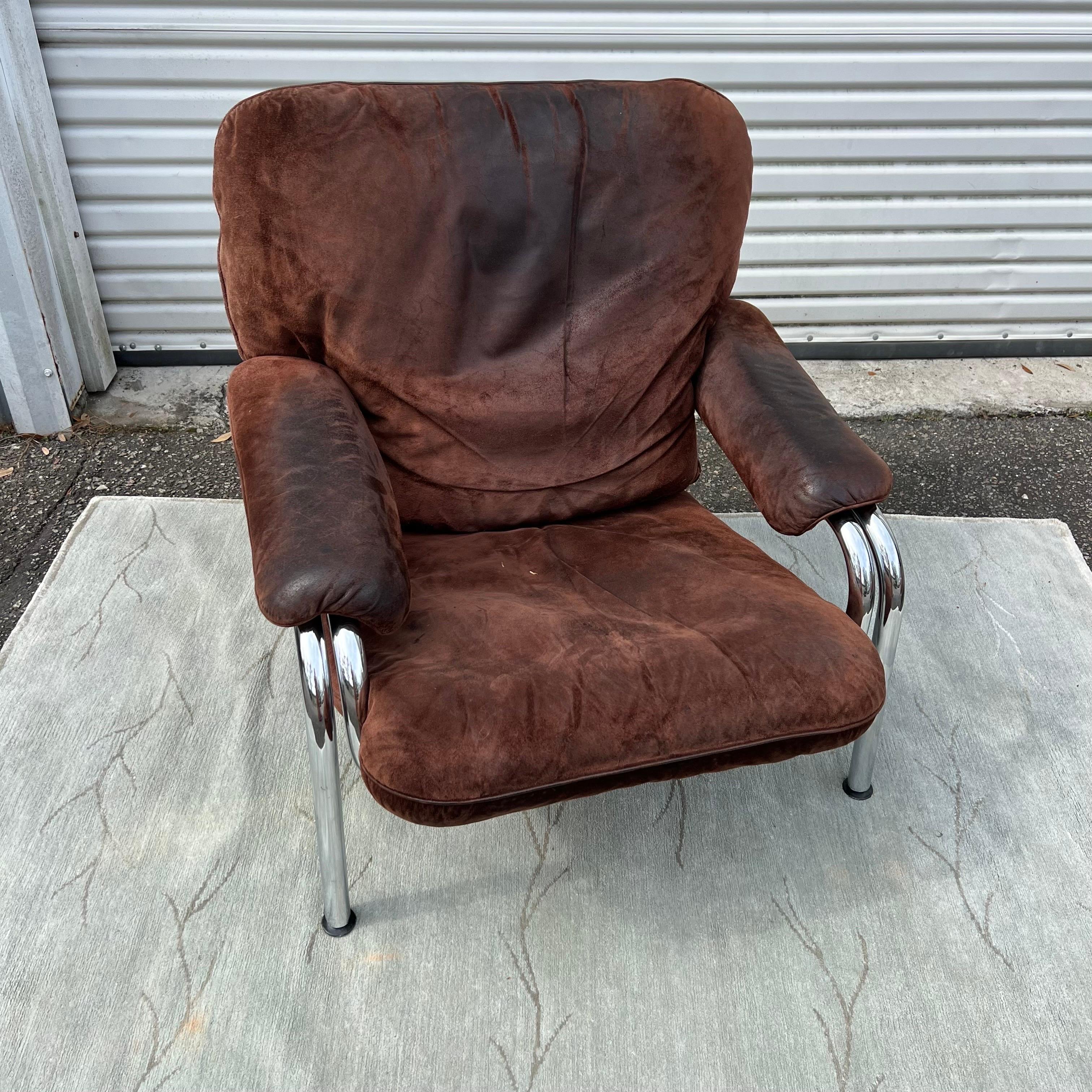1970s De Sede Style Chrome Easy Chair and Ottoman 2