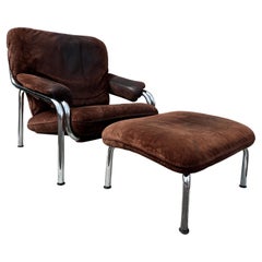 1970s De Sede Style Chrome Easy Chair and Ottoman
