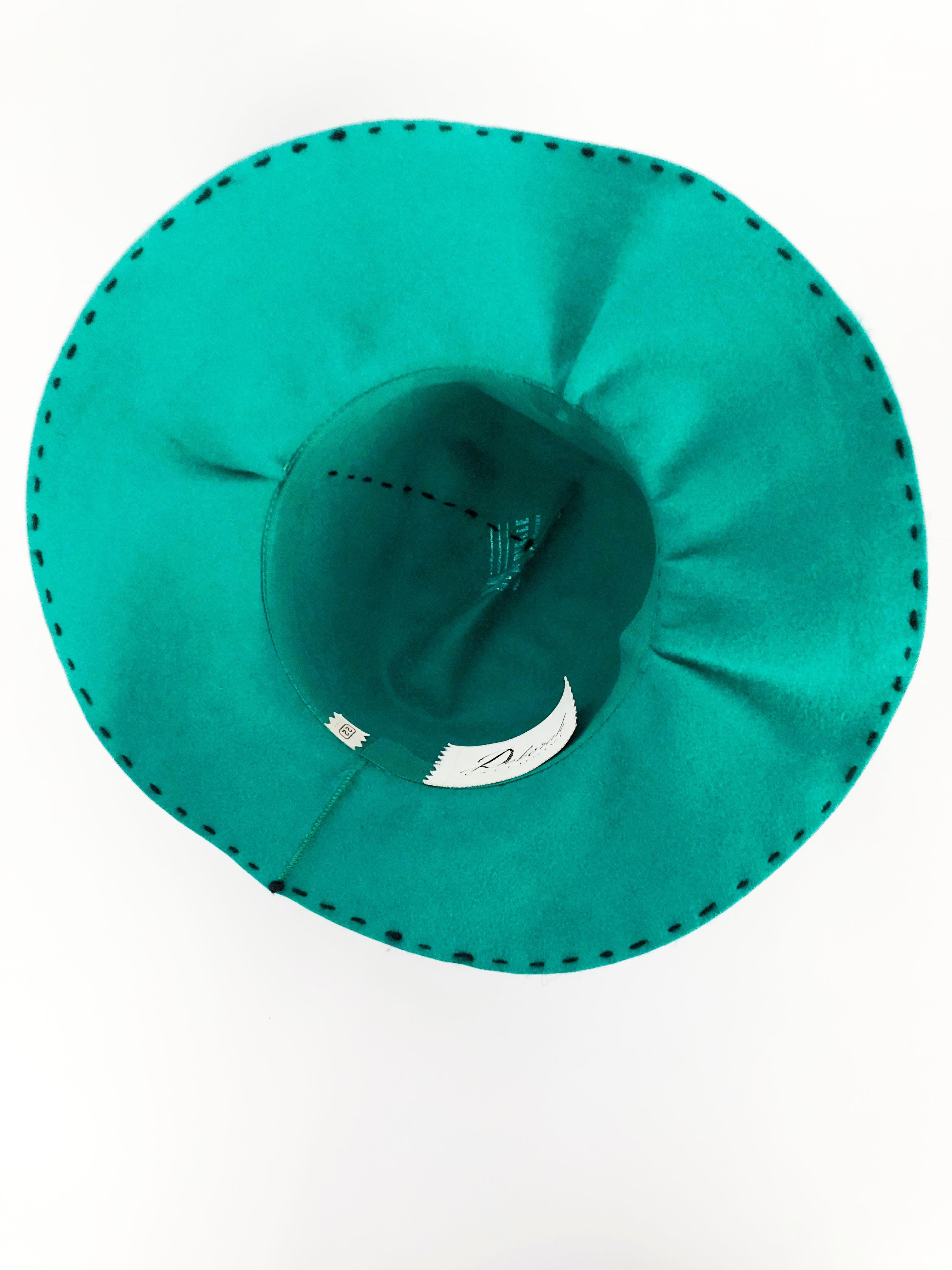 Blue 1970s Deborah Teal/Green rabbit Hat with Black Topstitch and Faux Leather Band For Sale